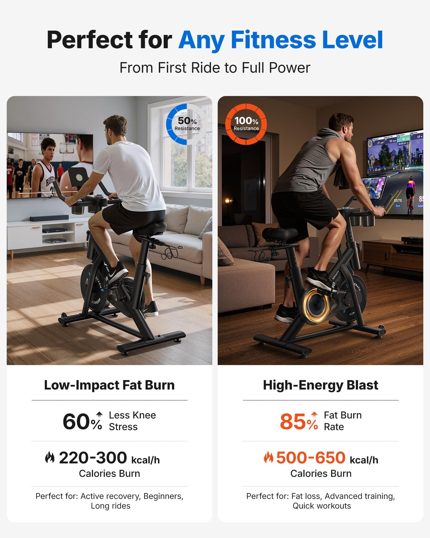 Merach Exercise Bike, Brake Pad/Magnetic Stationary Bike with Exclusive App, Low Noise Indoor Cycling Bike with 270LBS Weight Capacity, Dumbbell Rack and Fitness Courses for Weight Loss