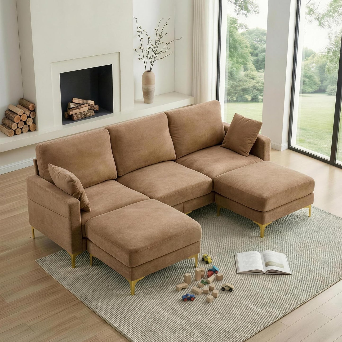 VINGLI 100" W U Shaped Couch with Ottoman, 22" Deep Seat Comfortable Sectional Couches for Living Room, 3 Seater Chenille Fabric Cloud Sofa for Apartment, Small Spaces, Bedroom, Khaki