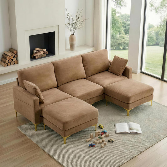VINGLI 100" W U Shaped Couch with Ottoman, 22" Deep Seat Comfortable Sectional Couches for Living Room, 3 Seater Chenille Fabric Cloud Sofa for Apartment, Small Spaces, Bedroom, Khaki
