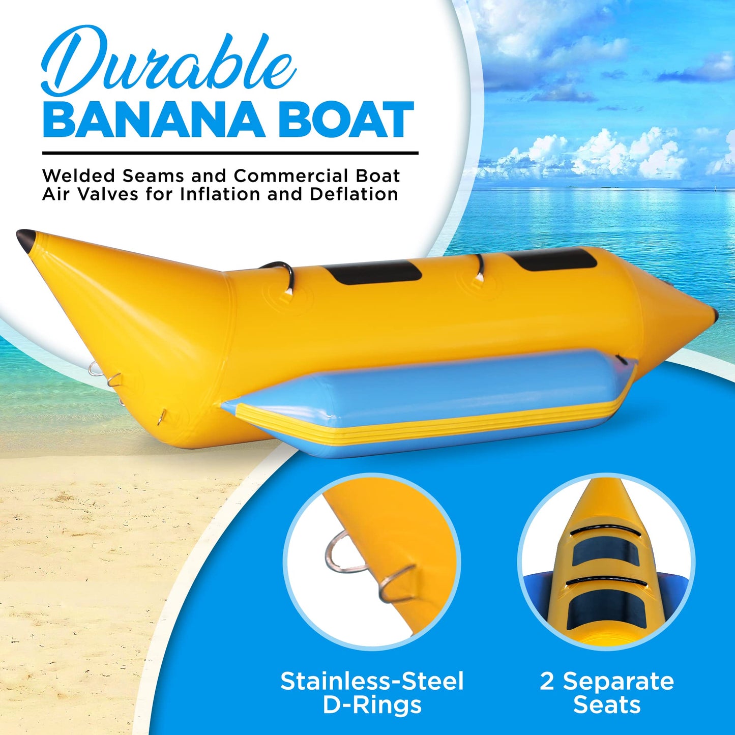 Jovial 2 Person Inflatable Banana Boat, Includes Storage Bag, Foot Pump, and Repair Kit, Tough and Thick, Reinforced Seats and Foot Areas, 340 Lbs Weight Capacity, Easy Inflation and Deflation