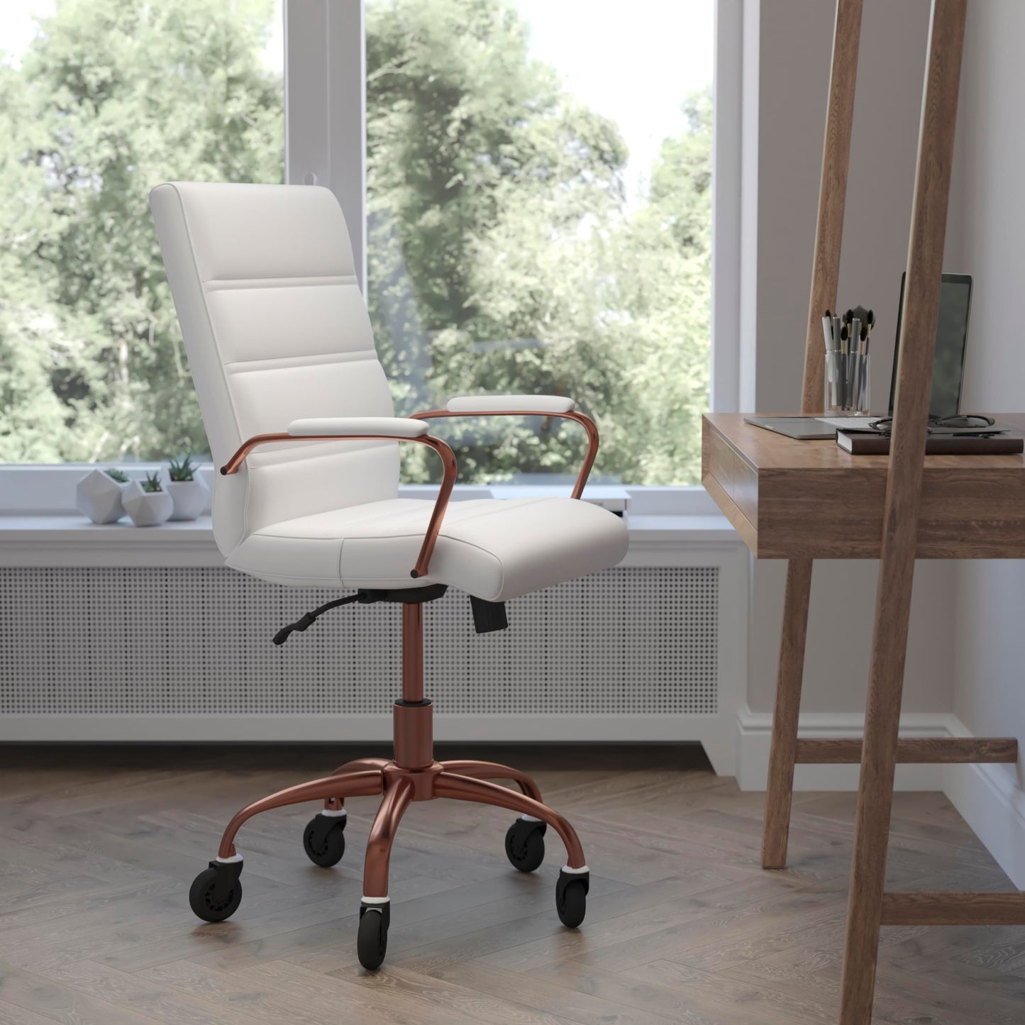 Flash Furniture Camilia Mid-Back White LeatherSoft Executive Swivel Office Chair with Rose Gold Frame, Arms, and Transparent Roller Wheels