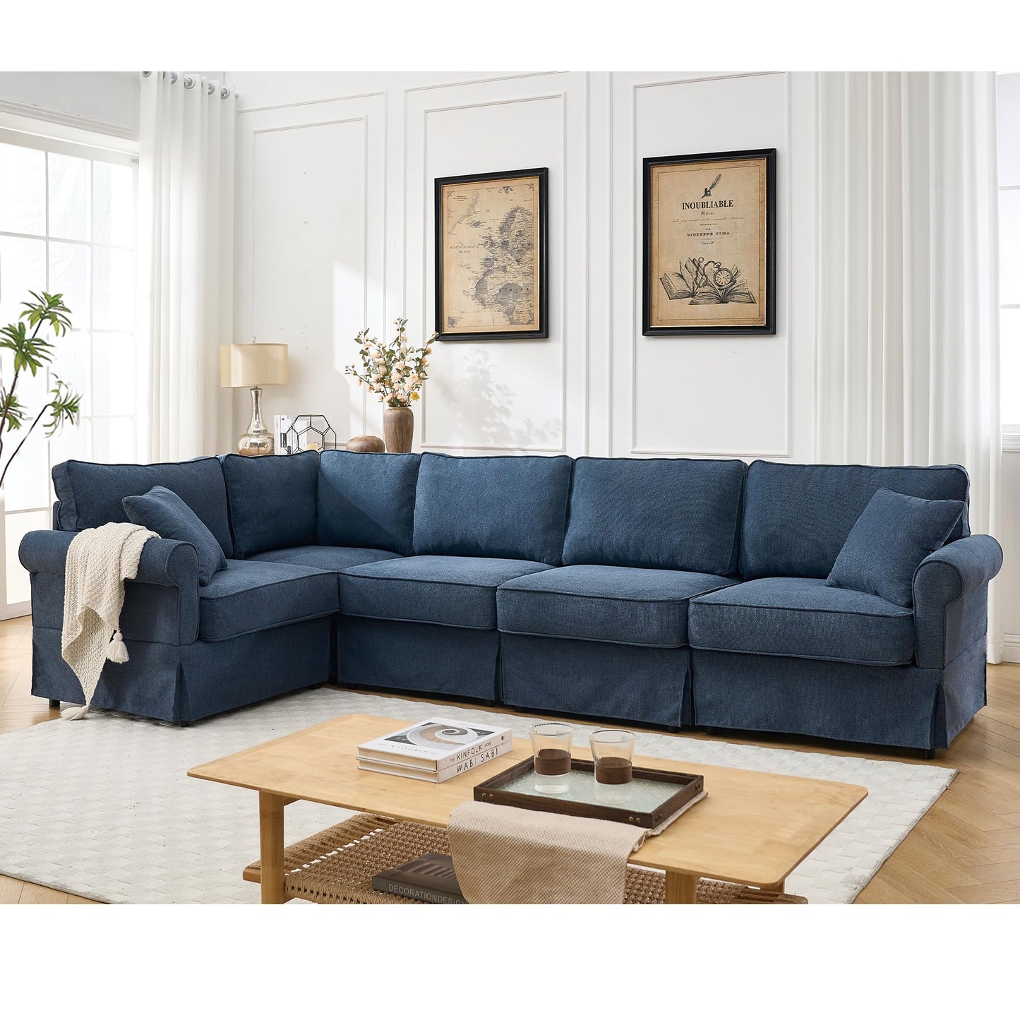 KEIKI 94" L-Shaped Oversized Modular Linen Sectional Sofa with Rolled Arms, Cushion Back, Modern Style Convertible 5-Seater Corner Couch, Easy Assembly, for Apartment, Living Room, Bedroom, Dark Blue