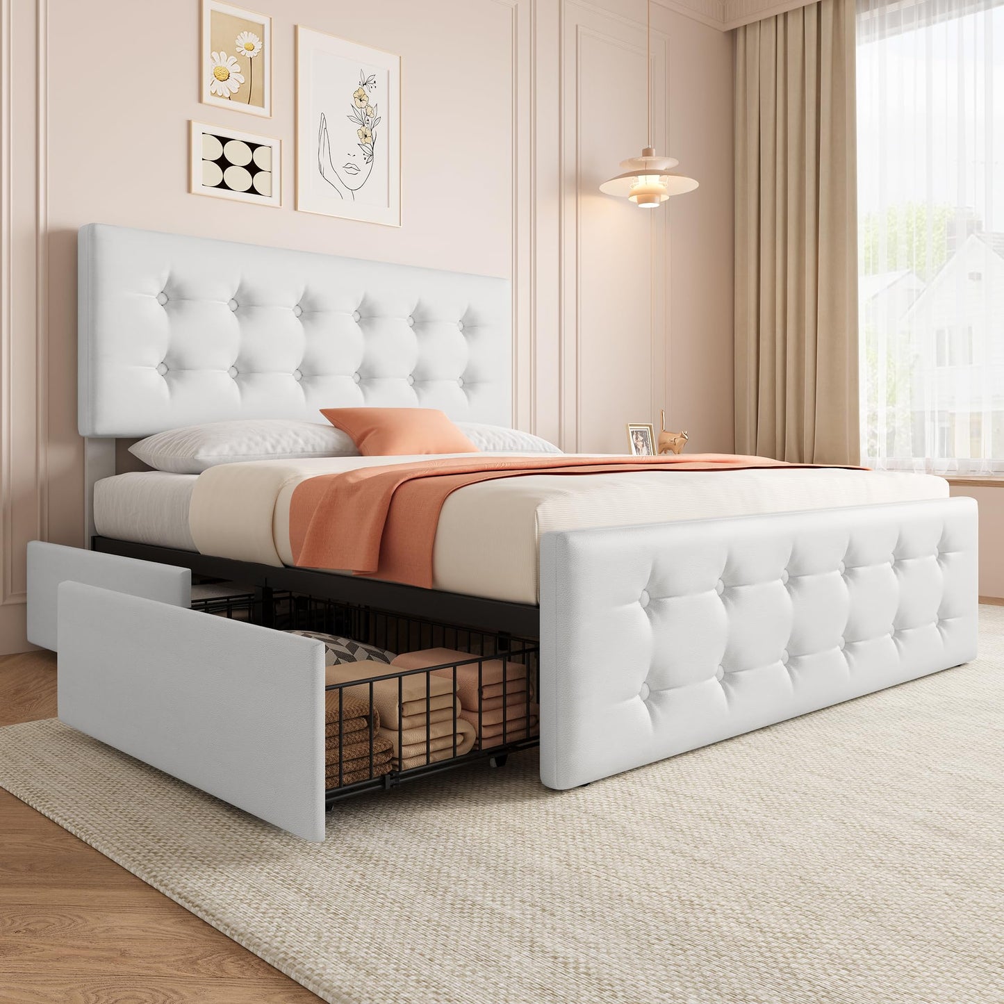 IDEALHOUSE Full Size Bed Frame with 4 Storage Drawers and Headboard, Faux Leather Upholstered Platform Bed Frame with Wooden Slats Support, Button Tufted Design, No Box Spring Needed, White