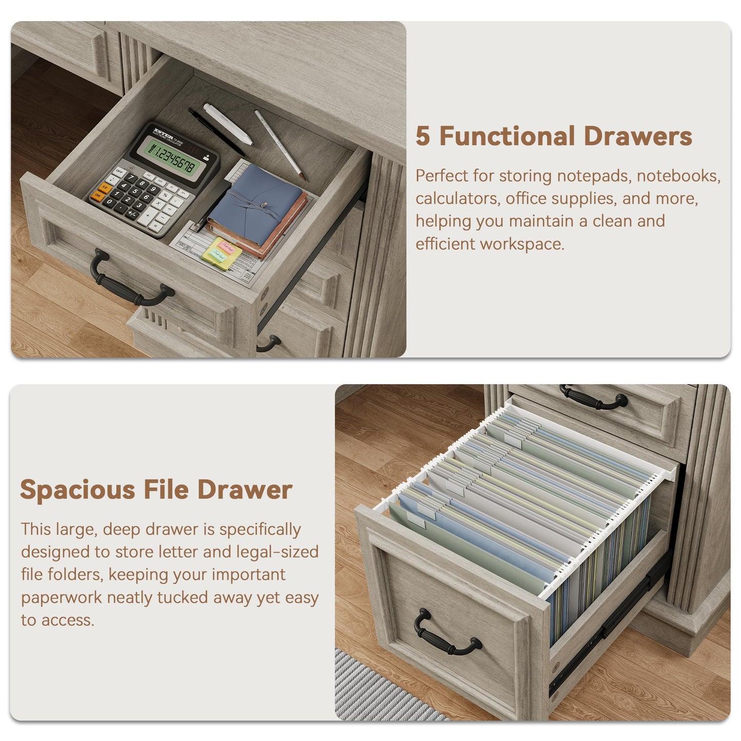 Farmhouse L Shaped Executive Desk with 4 Drawers, Home Office Desk with Hidden Under-Desk Storage Shelf and Charging Station, File Cabinet Storage, Wood Corner Computer Desk for Work and Study(Grey)