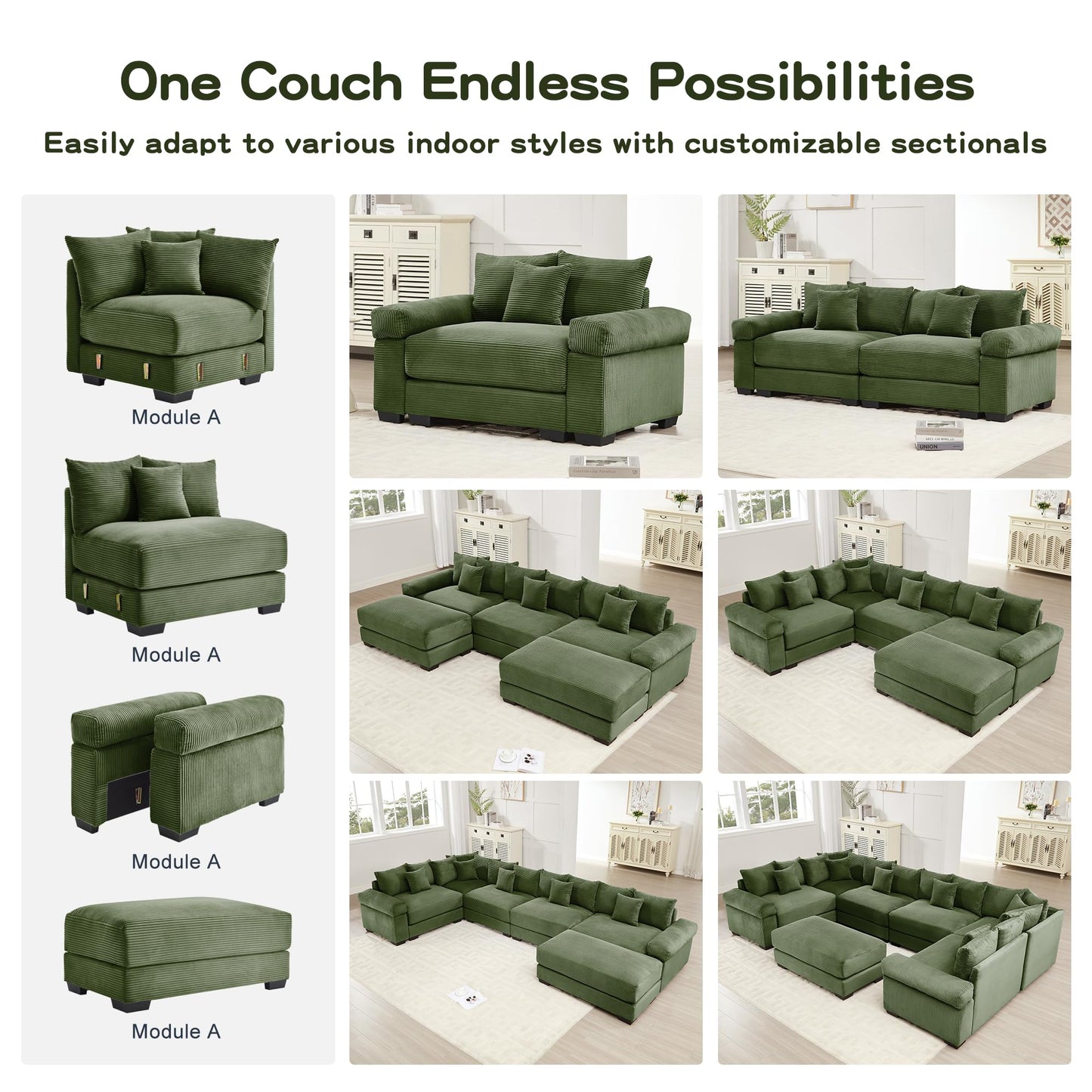 KEIKI 83" L-Shaped Oversized Corduroy Modular Sectional Loveseat Sofa with 1 Ottoman, High-Density Foam Cushion, Extra-Thick Armrest, 2-Seater Fluffy Corner Couch with 6 Pillow, for Living Room, Green