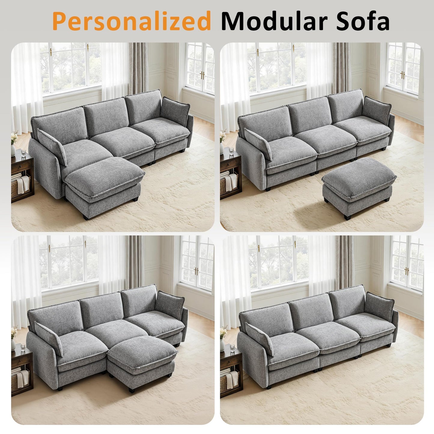 MCombo 117" Oversized Cloud Sectional Couch, Sectional Sofa with FSC Certified, L Shaped Couch with Ottoman for Living Room, Chenille S0701 (Grey)