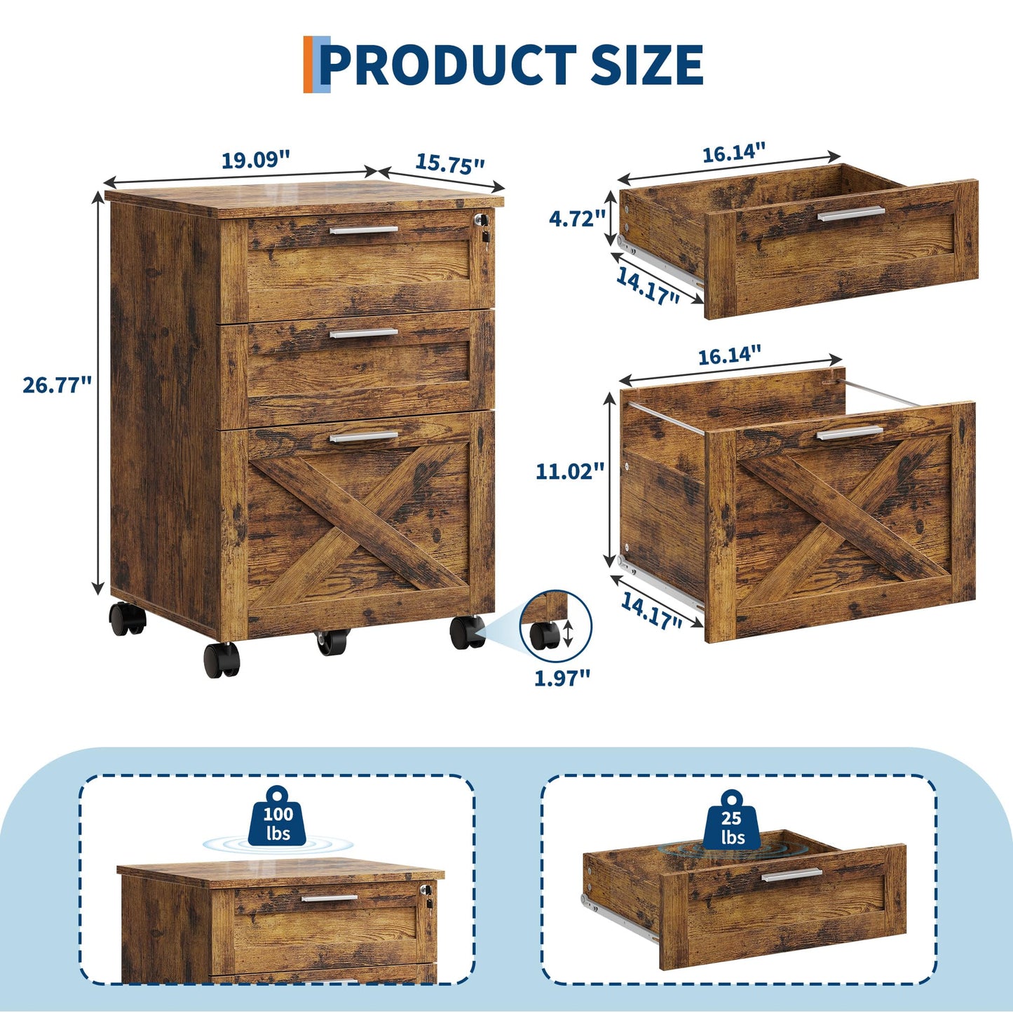 3-Drawer Rolling File Cabinet with Lock - Wooden Mobile Filing Cabinet for Home Office, Under Desk Storage Organizer fits Letter/A4/Legal Size, Sturdy Printer Stand with Locking Casters, Rustic Brown