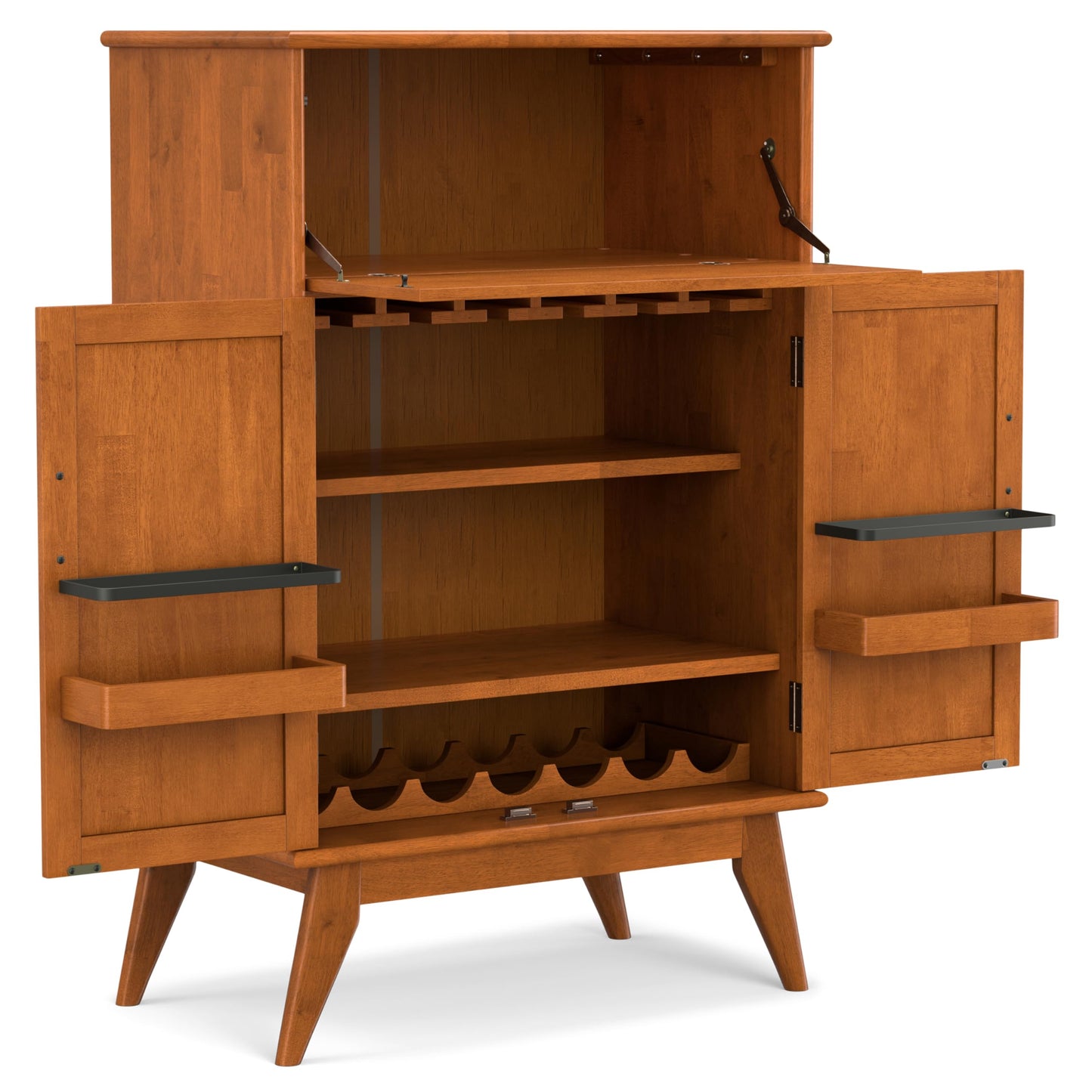 SIMPLIHOME Draper Bar Cabinet - 32 inch Wide Solid Hardwood Beverage Cabinet in Teak Brown, Mid-Century Modern Wine Storage for Dining Room or Kitchen with Drop-Down Shelf and Stemware Rack