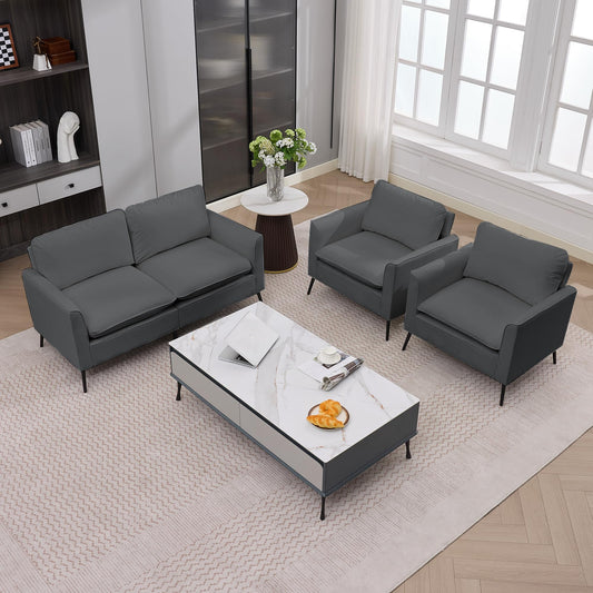 KEIKI Faux Leather Sofa Couch, Living Room Furniture Sectional Sofa Sets of 3 Pcs, Mid Century Modern Decor Sofa Couches, Loveseat & Accent Chair for Small Space, Apartment, Office, Gray