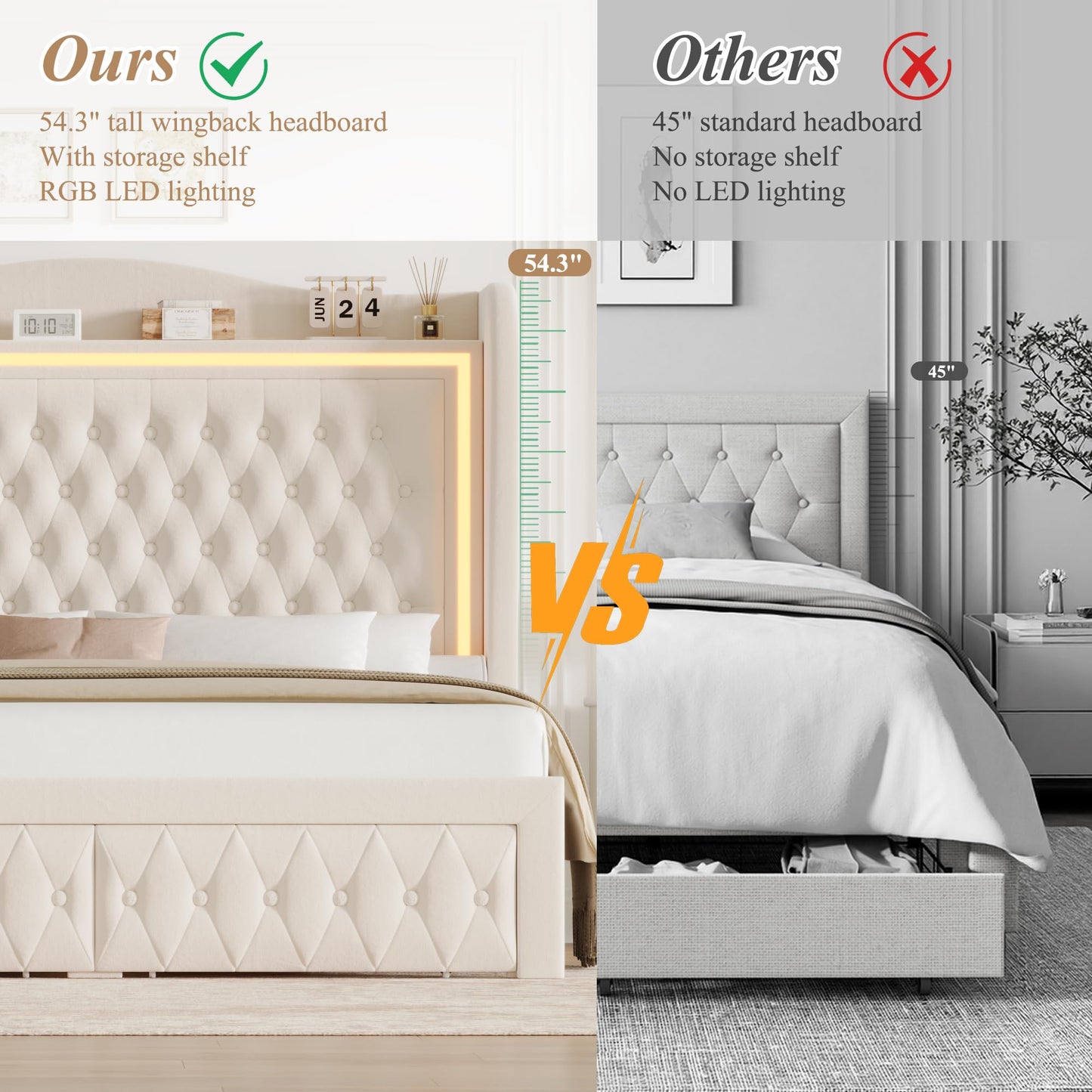 Queen Bed Frame 55" Tall Headboard with LED Lights, Buttons Tufted Velvet Upholstered Platform Bed Frame with 2 Storage Drawers, Wood Slats Support Mattress Foundation, No Box Spring Needed, Beige
