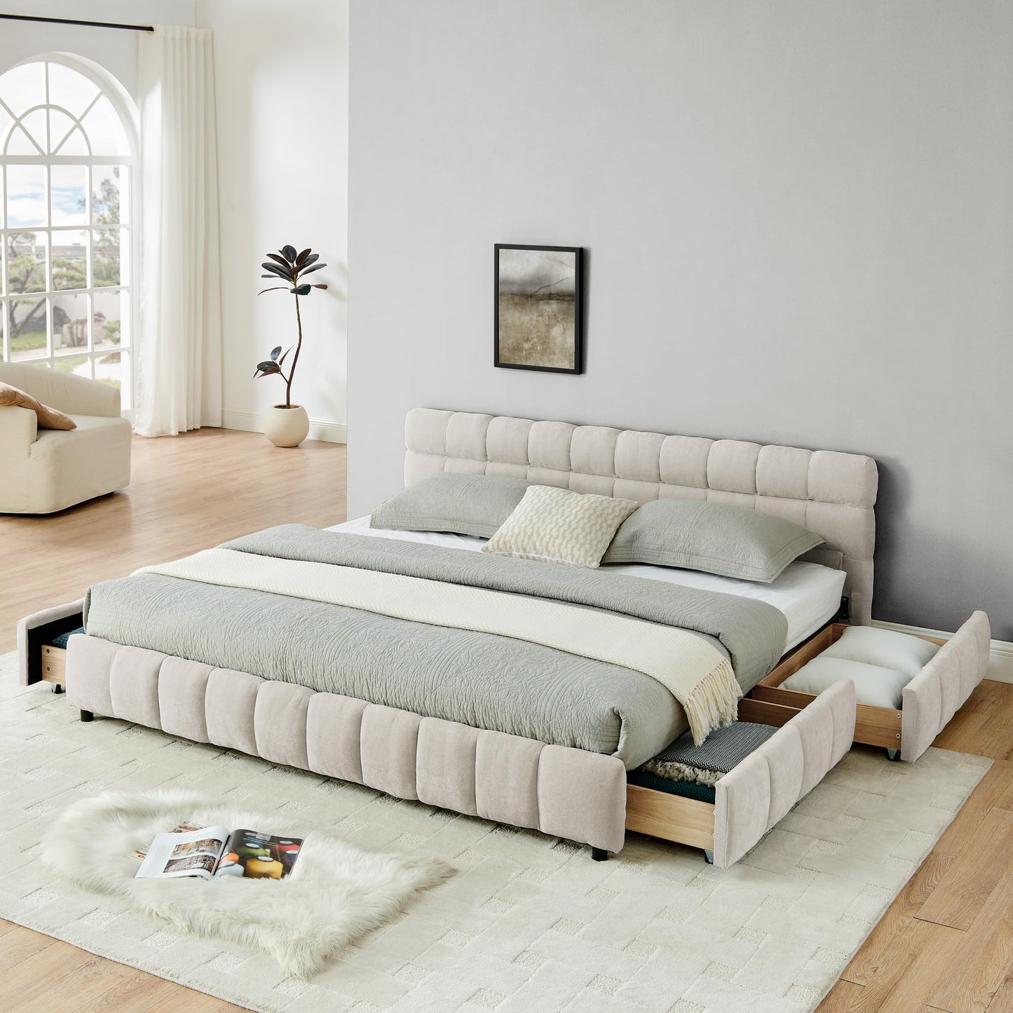 Ball & Cast King Size Upholstered Bed Frame with 4 Drawers and Headboard, Chenille Platform Storage Bedframe, Wooden Slats Support, No Box Spring Needed,Beige
