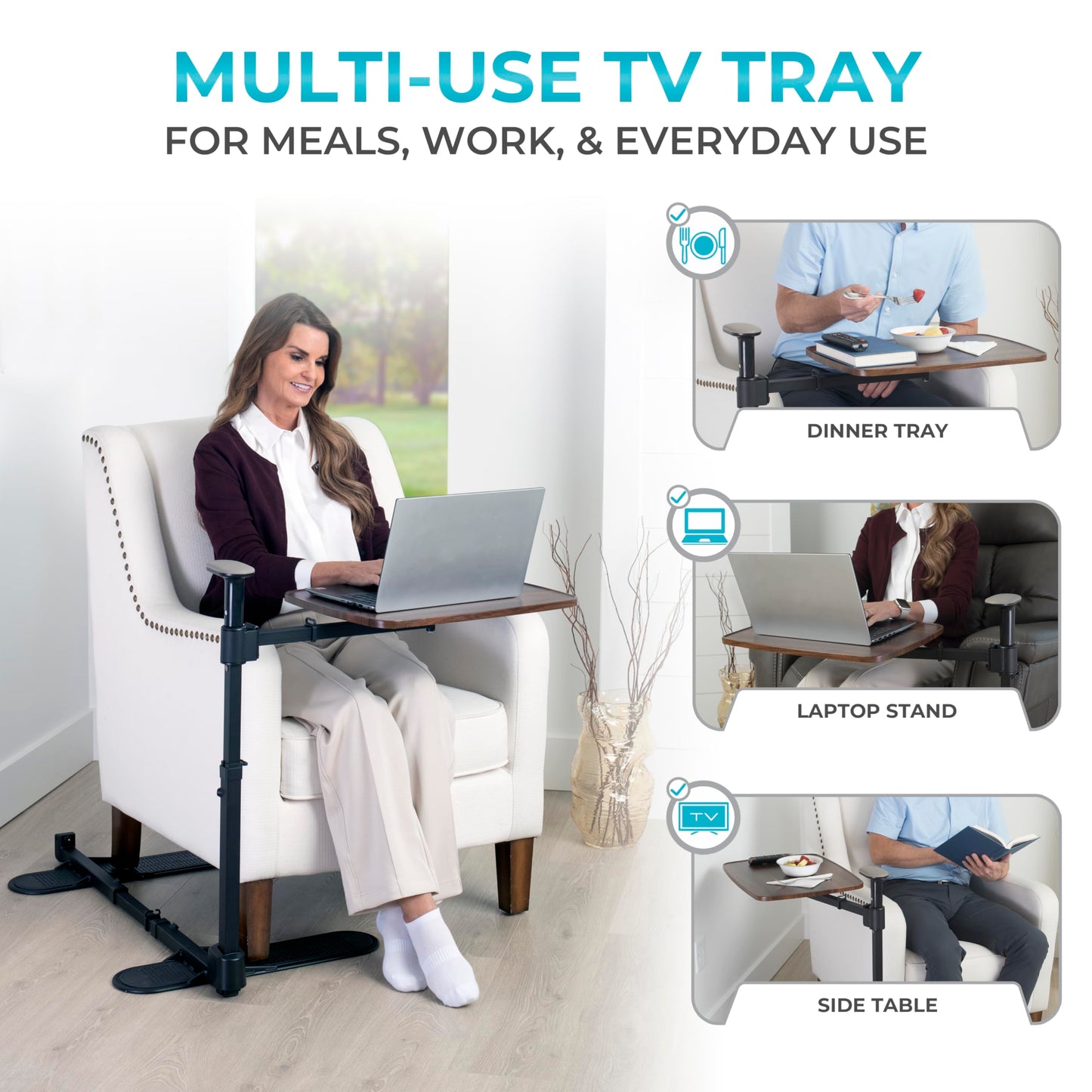 Stander Wonder Tray Plus, Adjustable Recliner Swivel TV Tray with Standing Handle for Seniors & Elderly Adults, Walnut Laptop Desk for Couches & Chairs, Mobility Aid Sit and Stand Assist