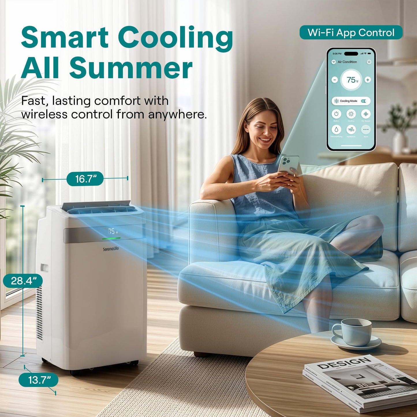 SereneLife Portable Air Conditioner with Wi-Fi, 12,000 BTU Cooling, Compact AC Unit with Window Mount Kit, Dehumidifier & Fan Modes, Adjustable Temperature, Ideal for Bedrooms, White
