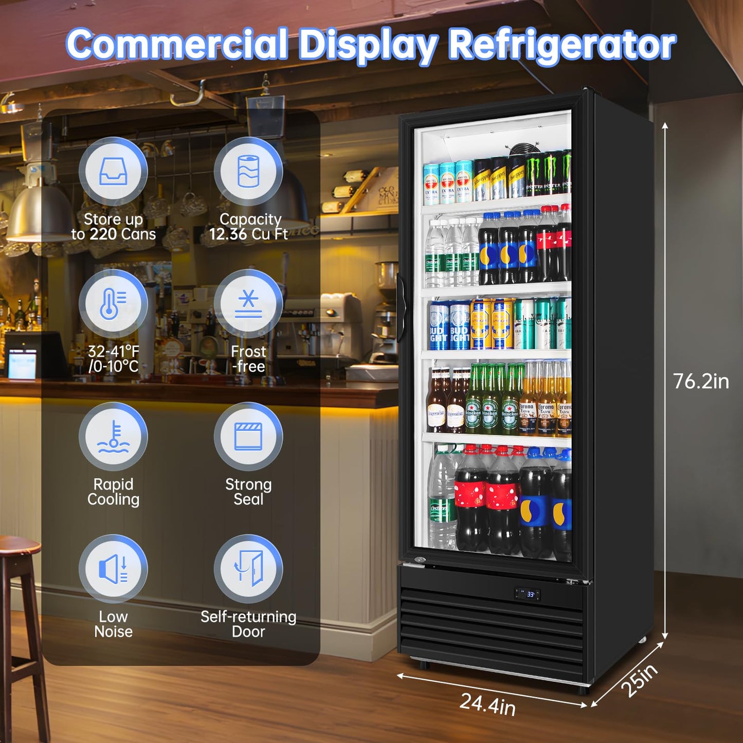 Velieta Commercial Beverage Refrigerator, 24.5 Inch 15 Cu. Ft. Drink Fridge, Display Refrigerator with Glass Door, Commercial Display Fridge with 4 Adjustable Shelves, for Shops, Restaurants, Bars