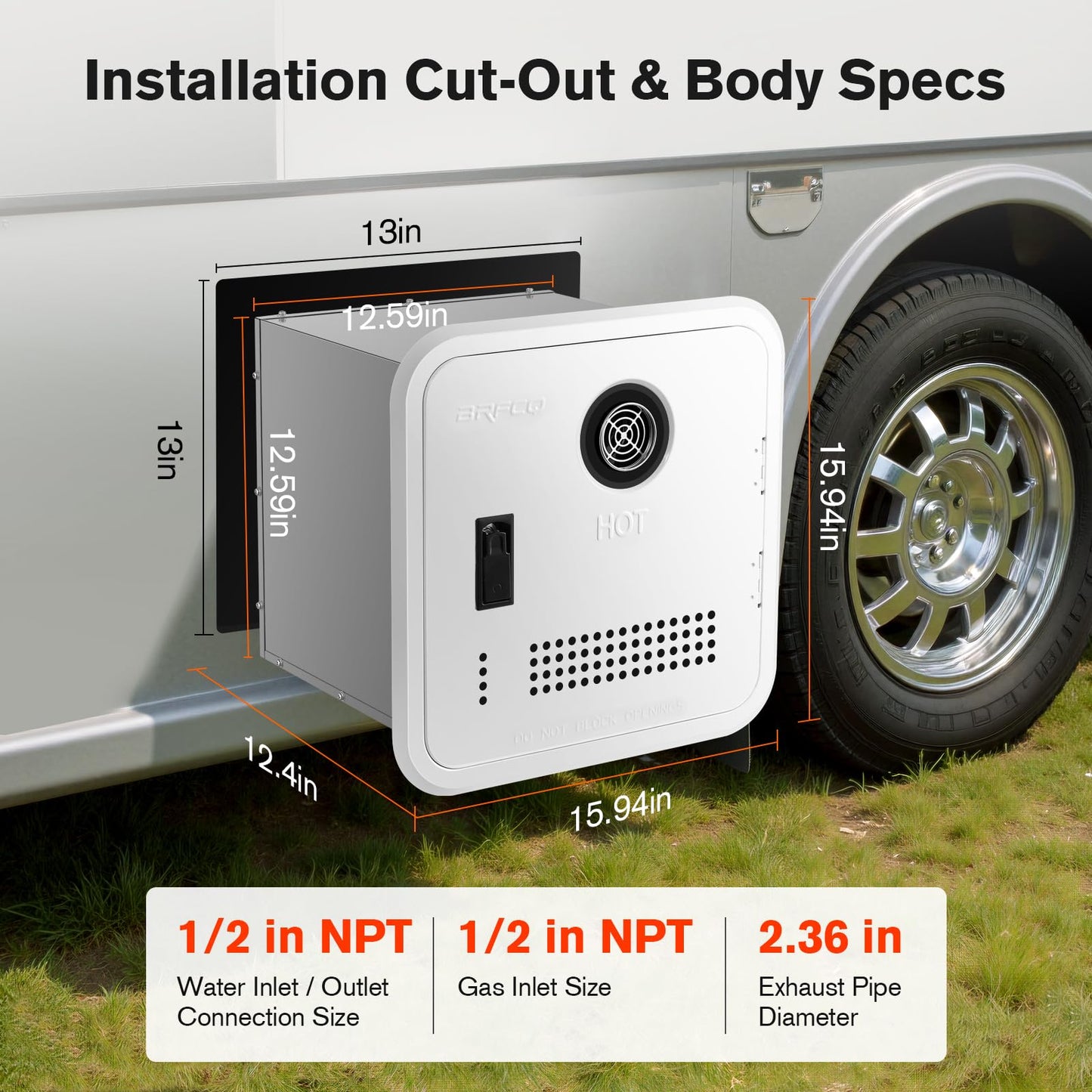RV Tankless Water Heater, 65000 BTU High Altitude Available, On Demand Instant Hot Water Heater with 16 x 16 inch White Door and Front Water Outlet, DC 12V, Propane-Powered, Compatible with all RVs