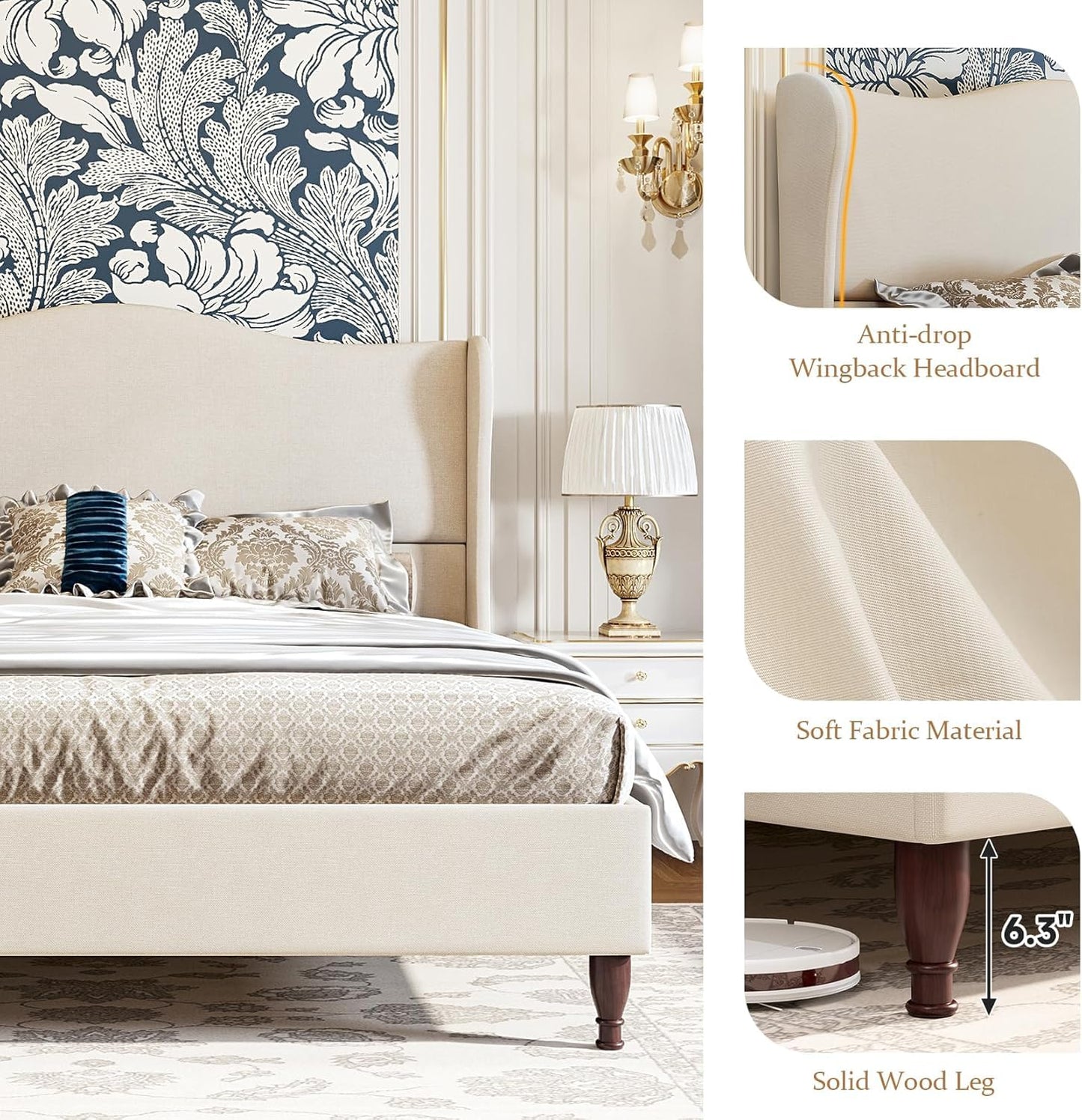 koorlian King Size Bed Frame Upholstered Platform Bed with 51" Tall Headboard Wingback, Soft Fabric, Retro Simple Style Platform Bed No Box Spring Needed, Easy Assembly, Beige