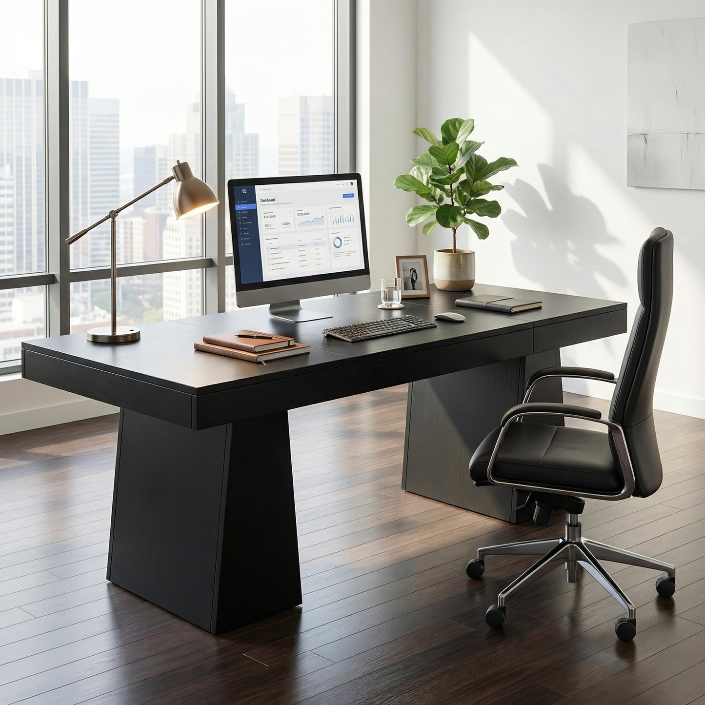 MegaChoice 55" Executive Desk, Large Office Computer Desk with Double Pedestal, Modern Simple Workstations Writing Table Conference Table Business Furniture for Home Office, Black