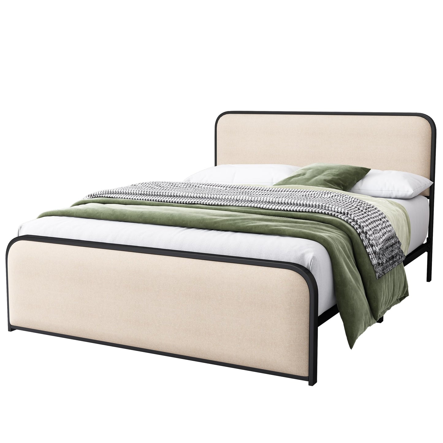 Merax Metal Platform Bed Queen Size with Curved Upholstered Headboard and Footboard, Queen Bed Frame with 8" Storage Space Under Bed, Heavy Duty Metal Slats, No Box Spring Needed, Easy Assembly, Beige