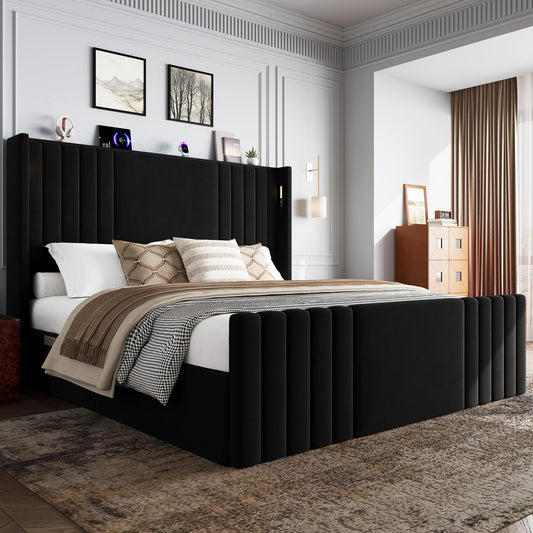 Uteeran Queen Bed Frame with 55.1" Tall Headboard, Velvet Upholstered Platform Bed with Channel Tufted Wingback, 2 Reading Lights/Storage Shelf/Charging Station/Easy Assembly/Noise-Free, Black