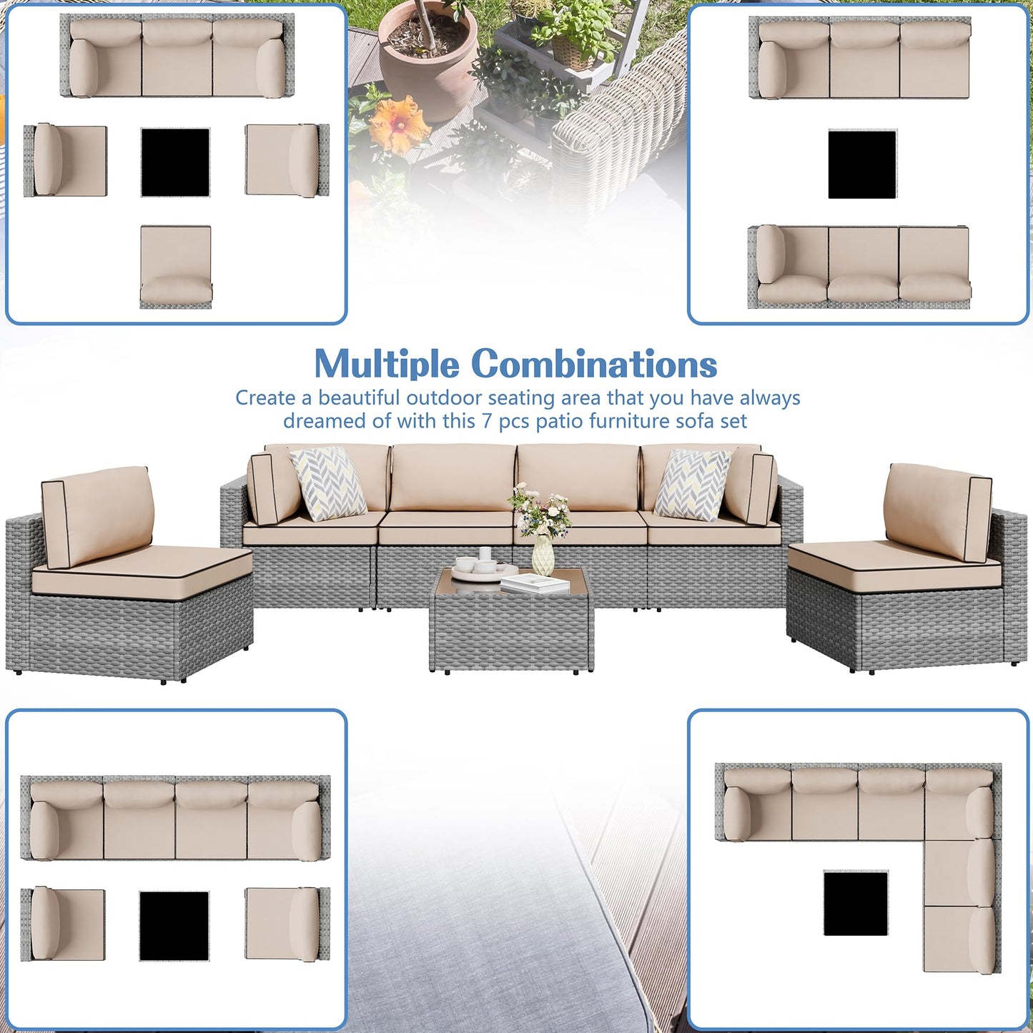 Shintenchi 7 Pieces Outdoor Patio Furniture Sets, Patio Sectional Sofa Couch, Gray PE Wicker Furniture Modular Patio Conversation Sets Patio Sofa with Washable Cushions, Gray/Khaki
