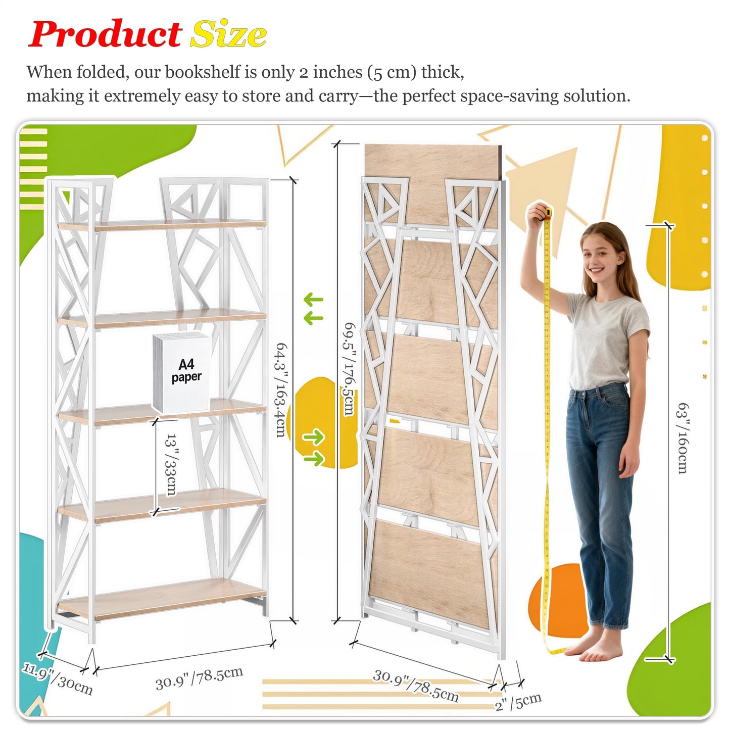 UDD No Assembly Wide Folding Bookshelf, 64.3" H x 30.9" W, 5 Tier Foldable Book Shelf Industrial Bookcase, Vintage Collapsible Storage Shelves for Home Office Living Room Bedroom, Light Oak White