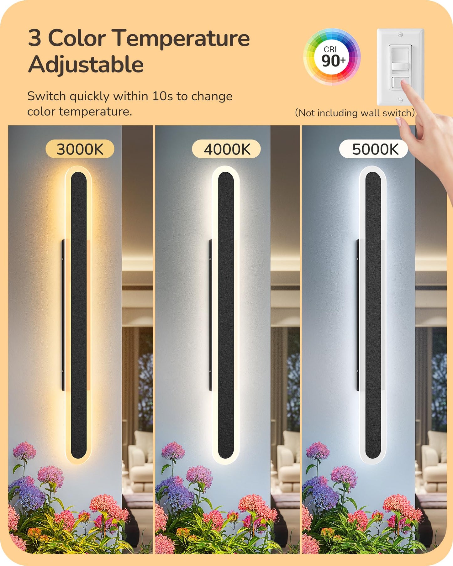 EDISHINE LED Outdoor Wall Lights, Dimmable 47.2in Long Oval, IP65 Waterproof, Black, Model HOWL22R, 3CCT