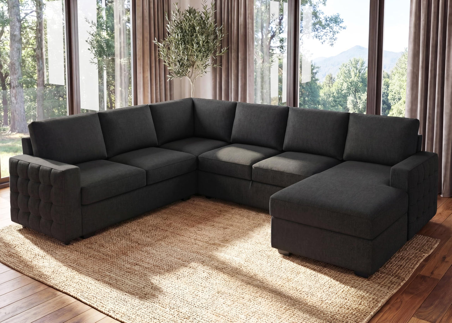 Leathaire 111 Inch Sectional Sleeper Sofa with Pull Out Bed, U Shaped 6 Seat Modular Sectional Couch with Storage for Living Room, Dark Grey