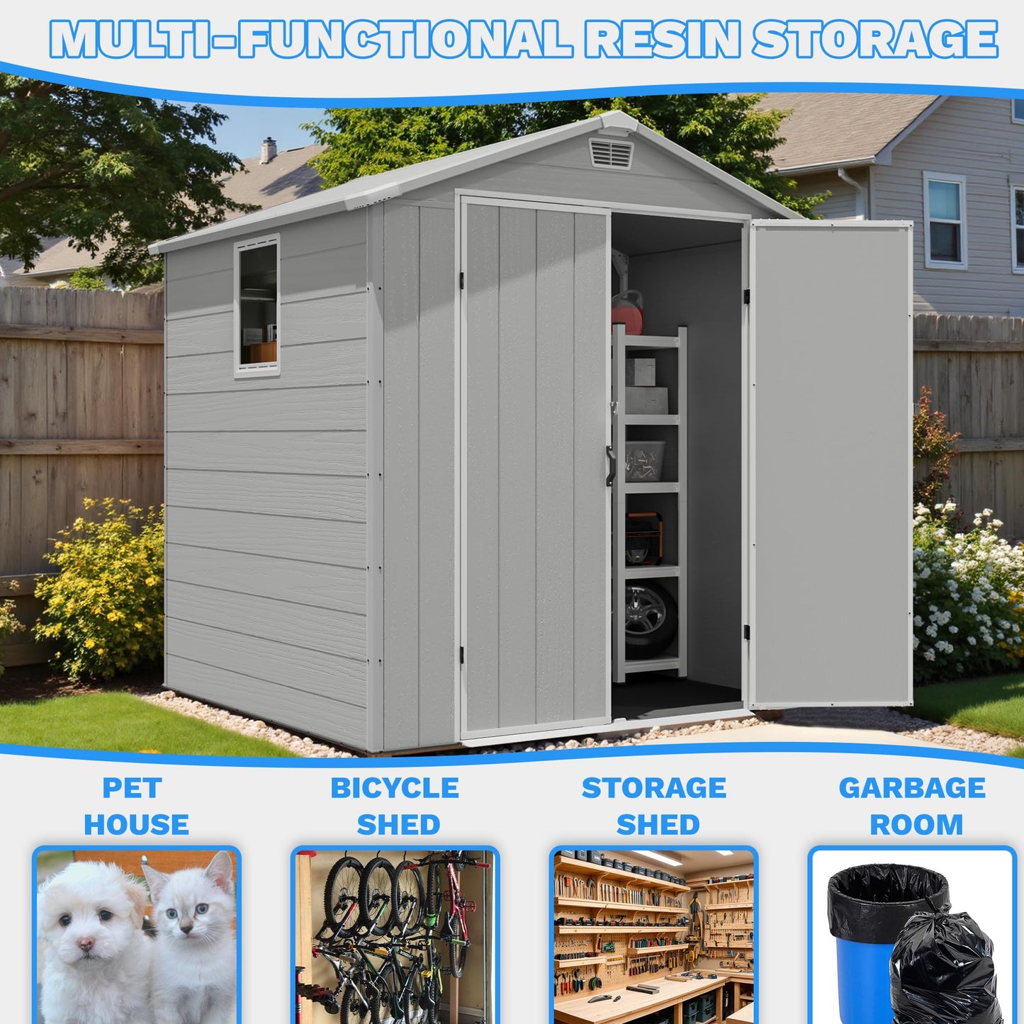 Greesum 6x6FT Plastic Outdoor Storage Shed with Floor, Resin Sheds with Lockable Double Door, Tool Sheds with Window and Vents, for Garden, Backyard, Patio, Light Gray
