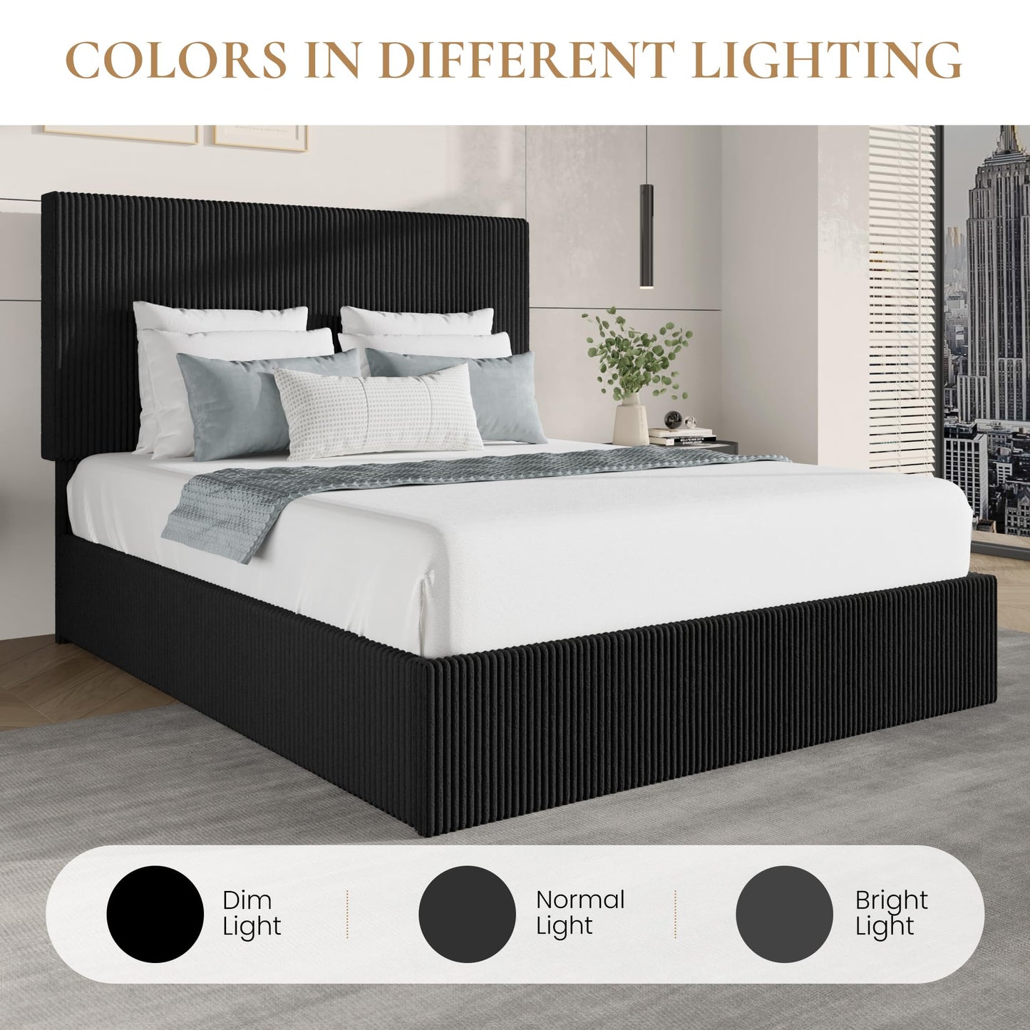 SHA CERLIN Queen Bed Frame, Corduroy Upholstered Platform Bed, Adjustable Vertical Channel Tufted Headboard, Modern Low Profile Frame, No Box Spring Needed, Easy Assembly, Black
