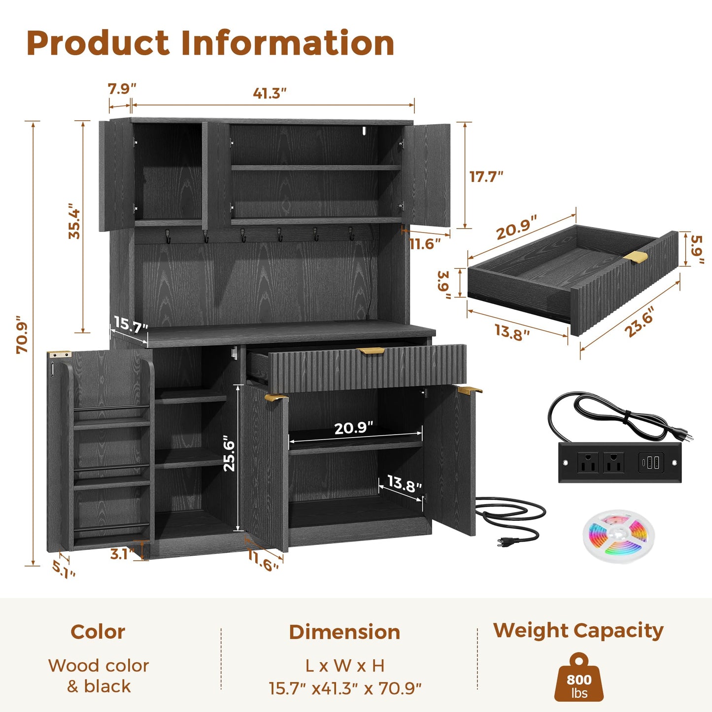 Fluted Kitchen Pantry Storage Cabinet with Charging Station/LED Light/Drawer/Doors/Shelves, 71'' Tall Kitchen Food Hutch with Microwave Stand for Dining Room Living Room (Black, 41 * 15.7 * 71)