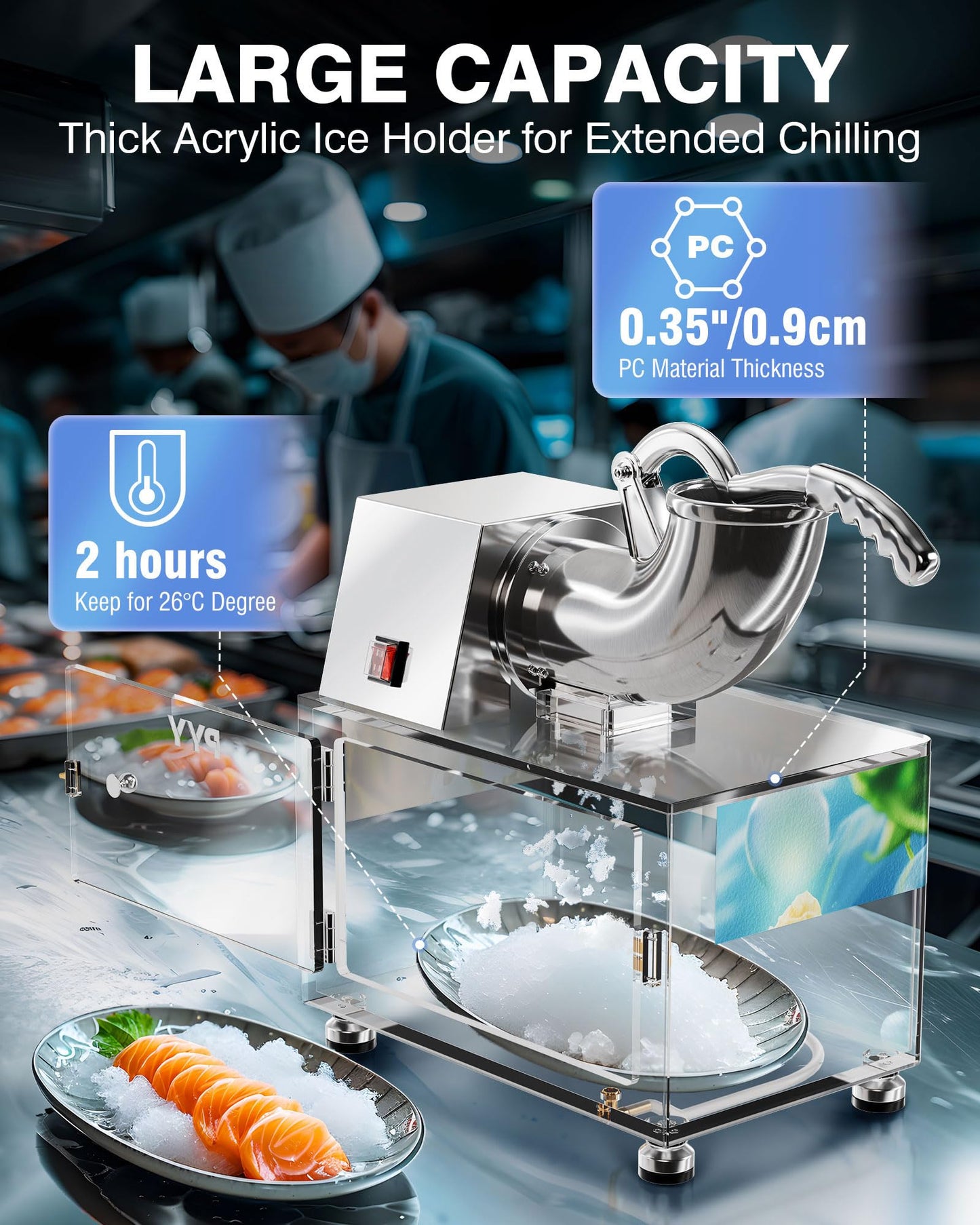 PYY Snow Cone Machine - Commercial Ice Crusher Shaver, Electric Crushed Shaved Snowcone Maker, Stainless Steel Full Body, Dual Blades, Acrylic Box and Drain Pipe, All-Copper Motor 440LBS/H
