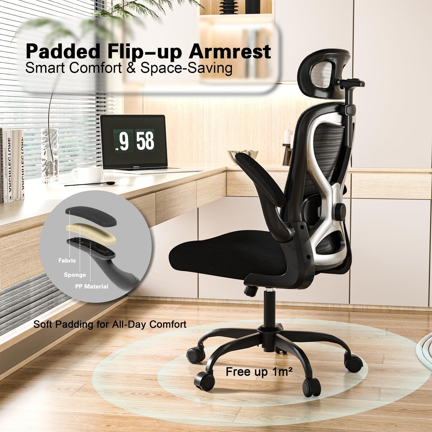 Home Office Desk Chairs, Ergonomic Office Chair with Lumbar Support & 3D Headrest, Computer Desk Chair with Flip-up Armrests, Perfect for Office or Study, Black/Silver