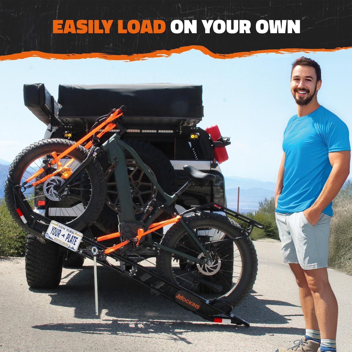 Mockins 83" Tilting Dirt Bike Carrier Hitch Mount Rack | 500 Lbs. Capacity eBike Rack with Ramp for Up to 5.5"W Tires | Small Motorcycle Hitch Carrier Set w/ License Plate Holder, Stabilizer, & Straps