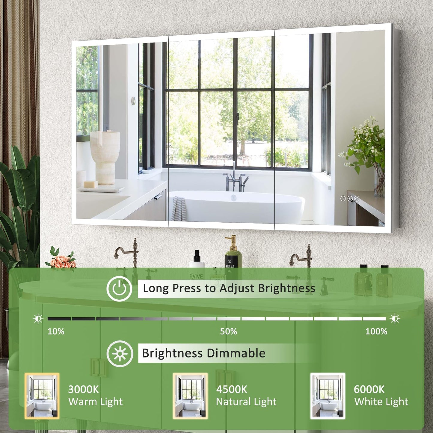 GUIQIYANG Medicine Cabinet with Lights, Bathroom LED Mirror Cabinet with Storage, Anti-Fog & 3 Color Lights, Recessed or Wall Mounted (60X32 in)
