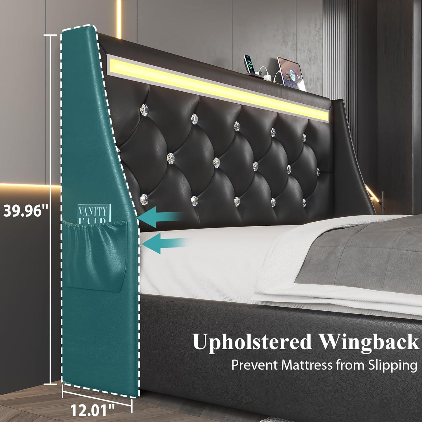 GDFStudio Queen Bed Frame with 2 Storage Drawers & Charging Station, Faux Leather Upholstered Platform Bed Frame with LED Wingback Diamond Headboard, Metal Slats Support, No Box Spring Needed, Black