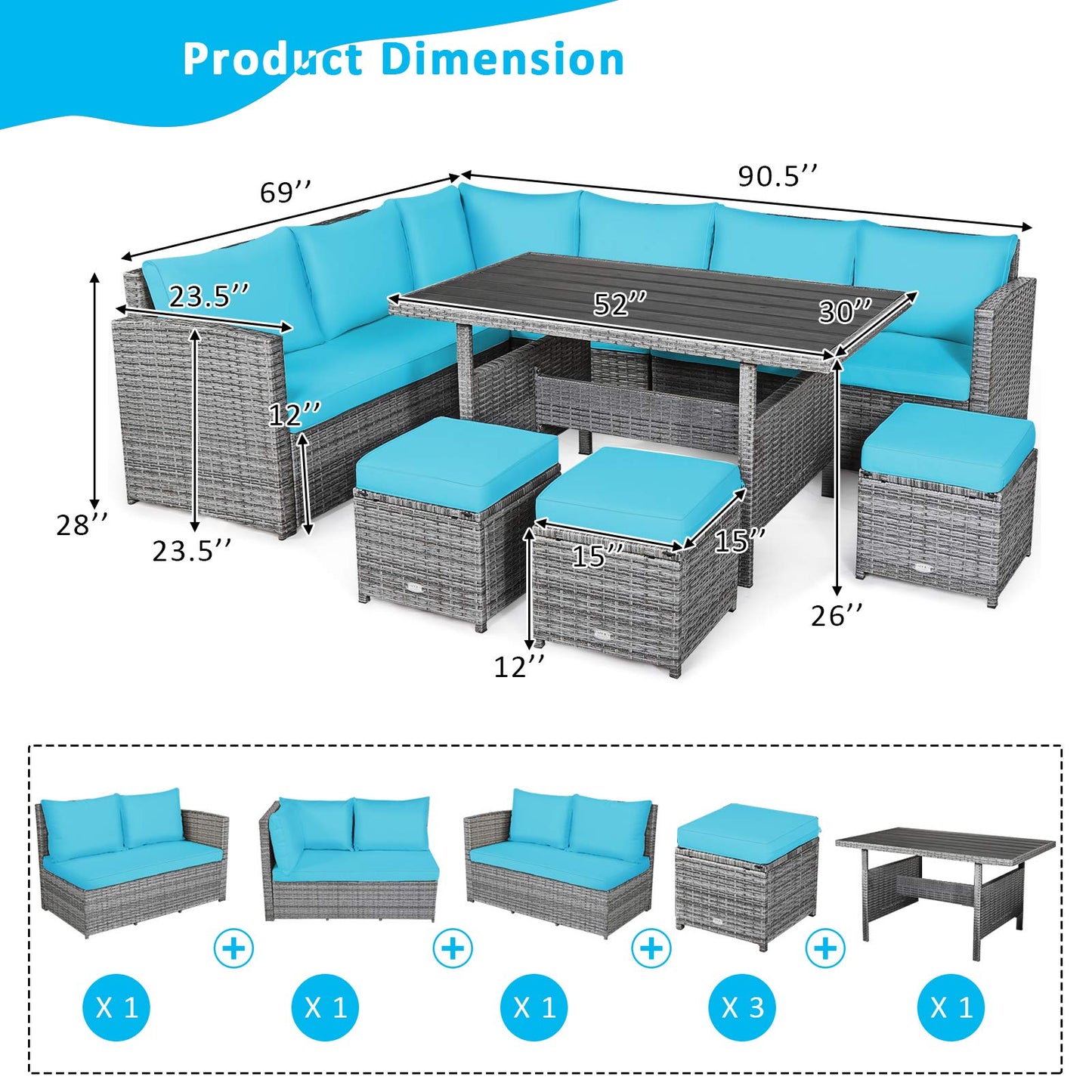 Tangkula 7 Pieces Patio Furniture Set, Outdoor Sectional Rattan Dining Sofa Set with Cushions, All Weather Wicker Conversation Couch Set with Dining Table & Ottomans for Yard Garden Poolside