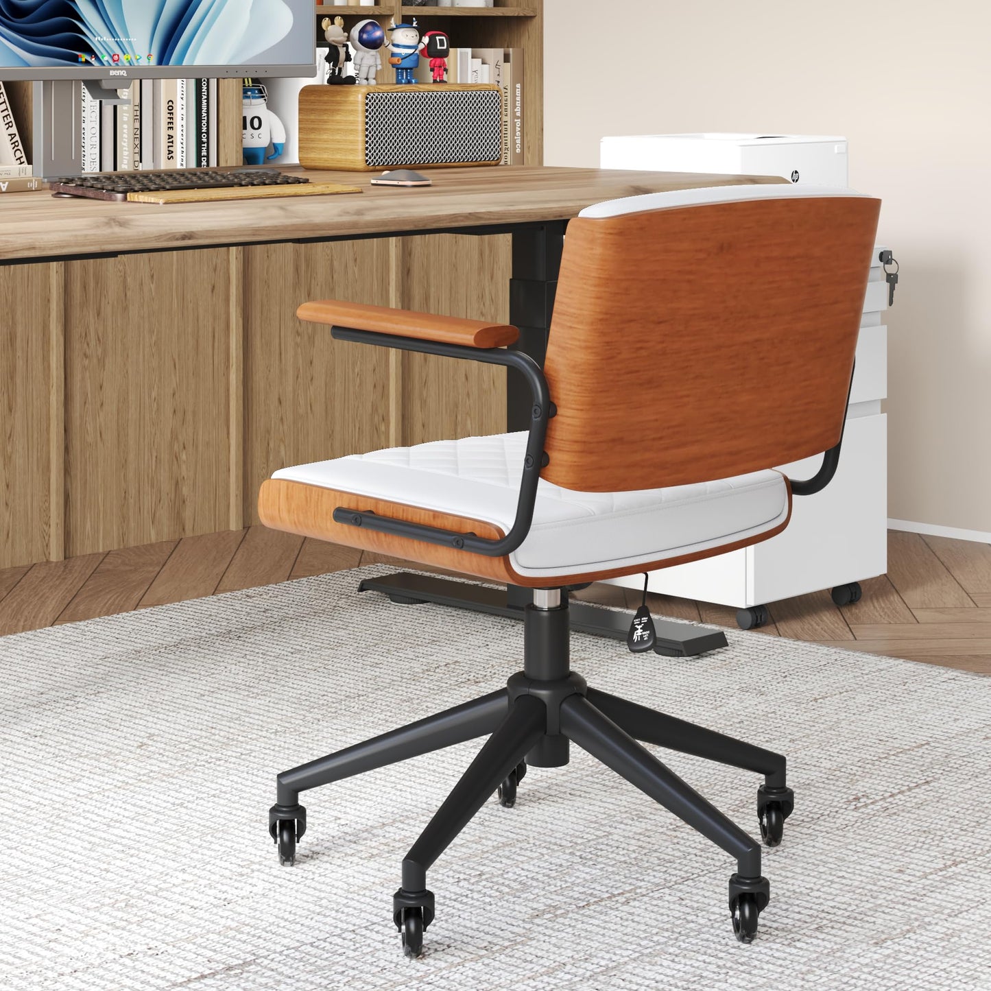 CoVibrant Ergonomic Office Chair with Rubber Wheels & Walnut Arms - PU Leather Mid-Back Desk Chair, Adjustable Height, Bentwood Backrest | Swivel Rocking Design for Home Office, Meeting Room, Study