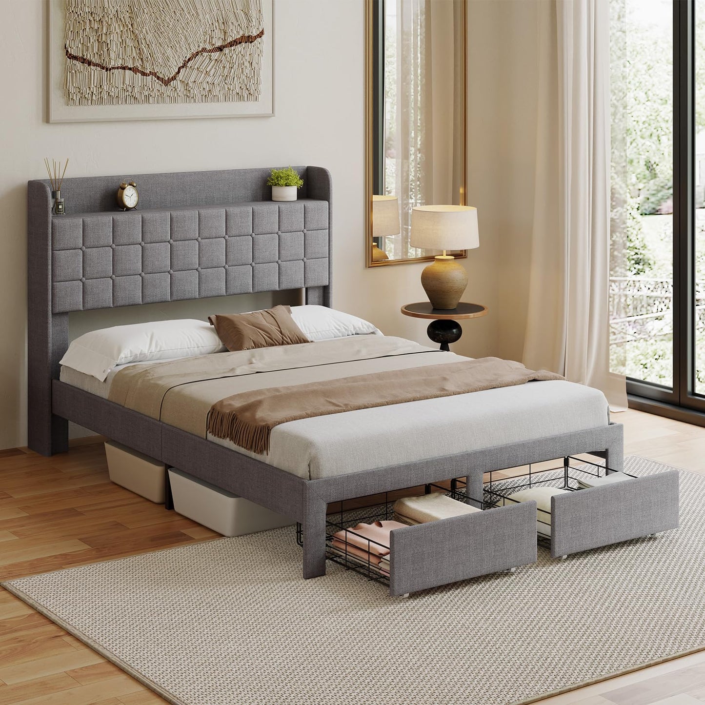 HAPPYMONT Full Size Storage Bed Frame, Square Tufted Headboard, Platform Bed with 2 Underbed Drawers at Foot, Wooden Slats Support, No Box Spring Needed, Dark Gray