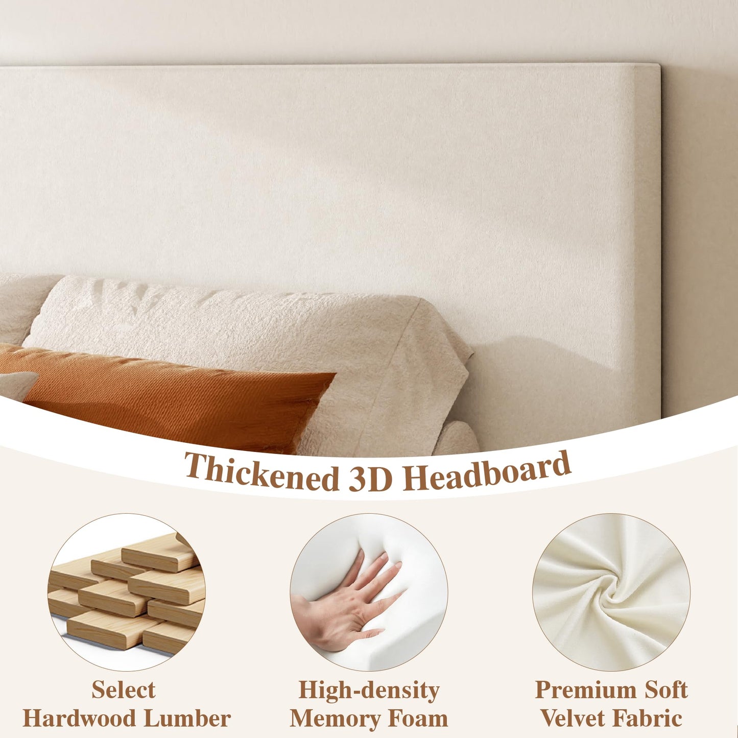 wirpexhowak Queen Size Platform Bed Frame with Headboard, Velvet Grounded Bed with Wood Slats, Heavy Duty Mattress Foundation, Box Spring Option, Noise-Free, Easy Assembly, Beige