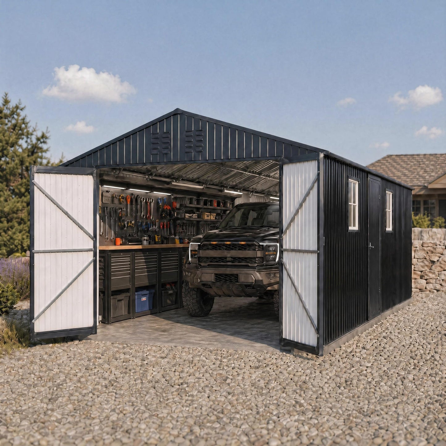 12x20 FT Metal Garage Shed, Outdoor Extra Large Storage Shed with Double Hinged Doors, 4 Windows, Heavy Duty Carport for Cars, Boats, Trucks and Equipment Storage, Black-Blue