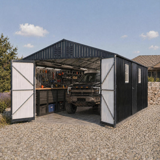 12x20 FT Metal Garage Shed, Outdoor Extra Large Storage Shed with Double Hinged Doors, 4 Windows, Heavy Duty Carport for Cars, Boats, Trucks and Equipment Storage, Black-Blue