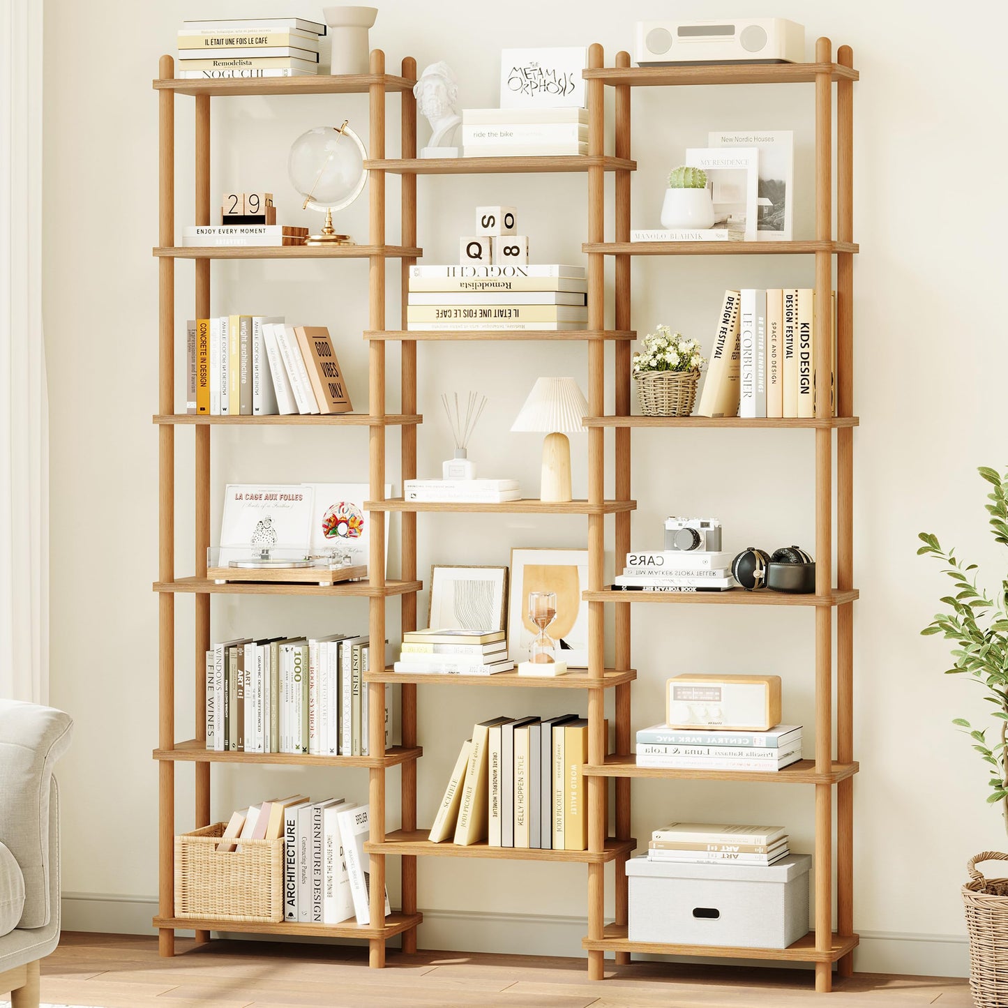 IOTXY Wooden Triple Wide Bookshelf - 6-Tier Large Shelf Bookcase with Solid Beech Frame, Tall Freestanding Open Etagere Display Rack for Home Office, Oak