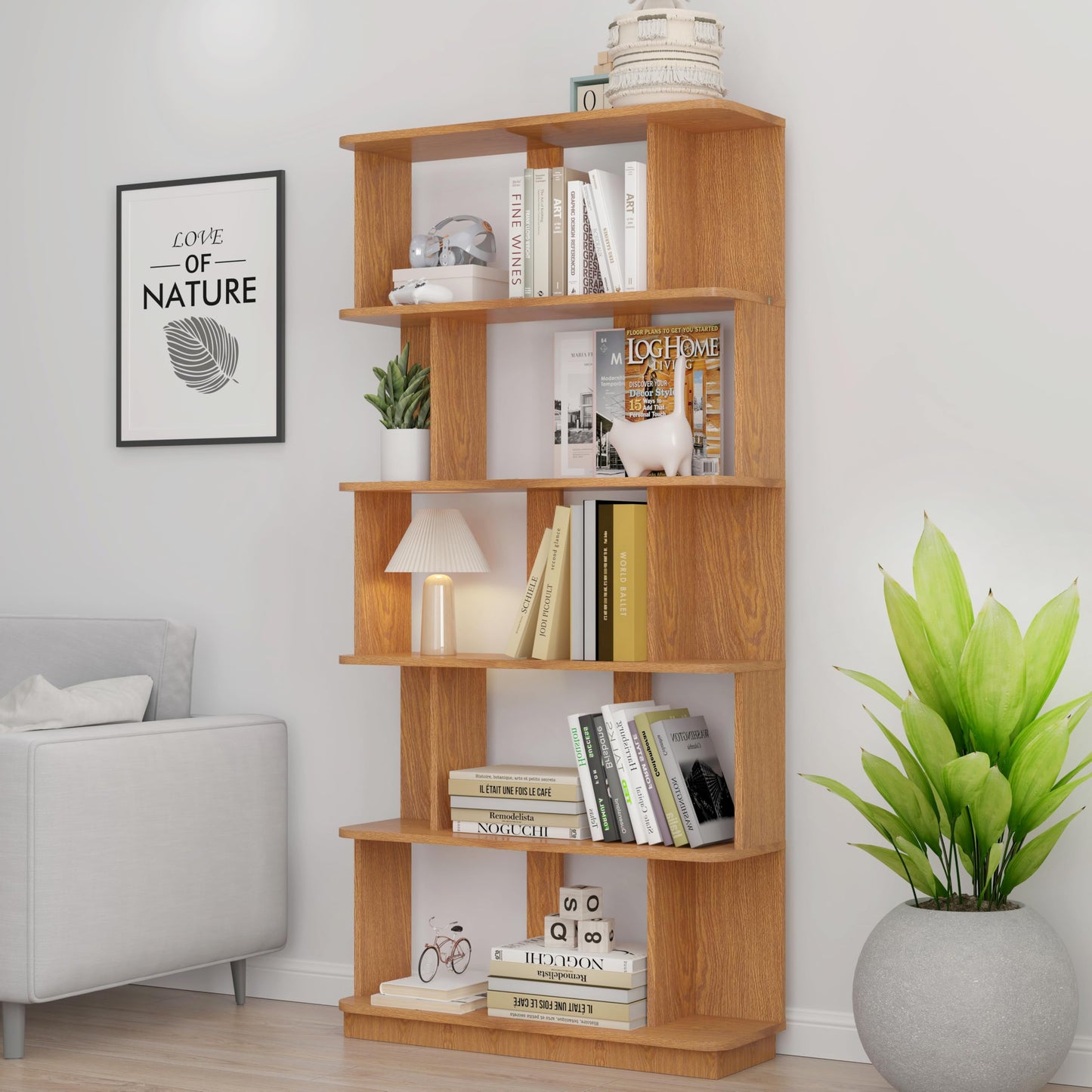 GDFStudio 65" H 6-Tier Bookshelf, Modern Freestanding Bookcase Shelves Organizer, Wood Book Shelf with Anti-Drop Panels, Open Back Display Storage Shelf Unit for Living Room Bedroom Office, Dark Oak