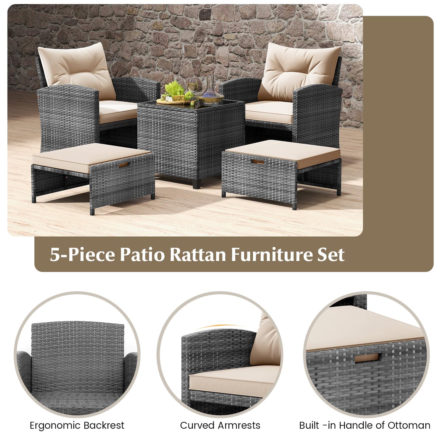 Tangkula 5 Pieces Patio Conversation Set, PE Wicker Rattan Outdoor Furniture Set with 2 Chairs, 2 Ottomans & Tempered Glass Coffee Table, Ideal for Poolside, Backyard, Lawn, Deck, Mix Grey & Beige