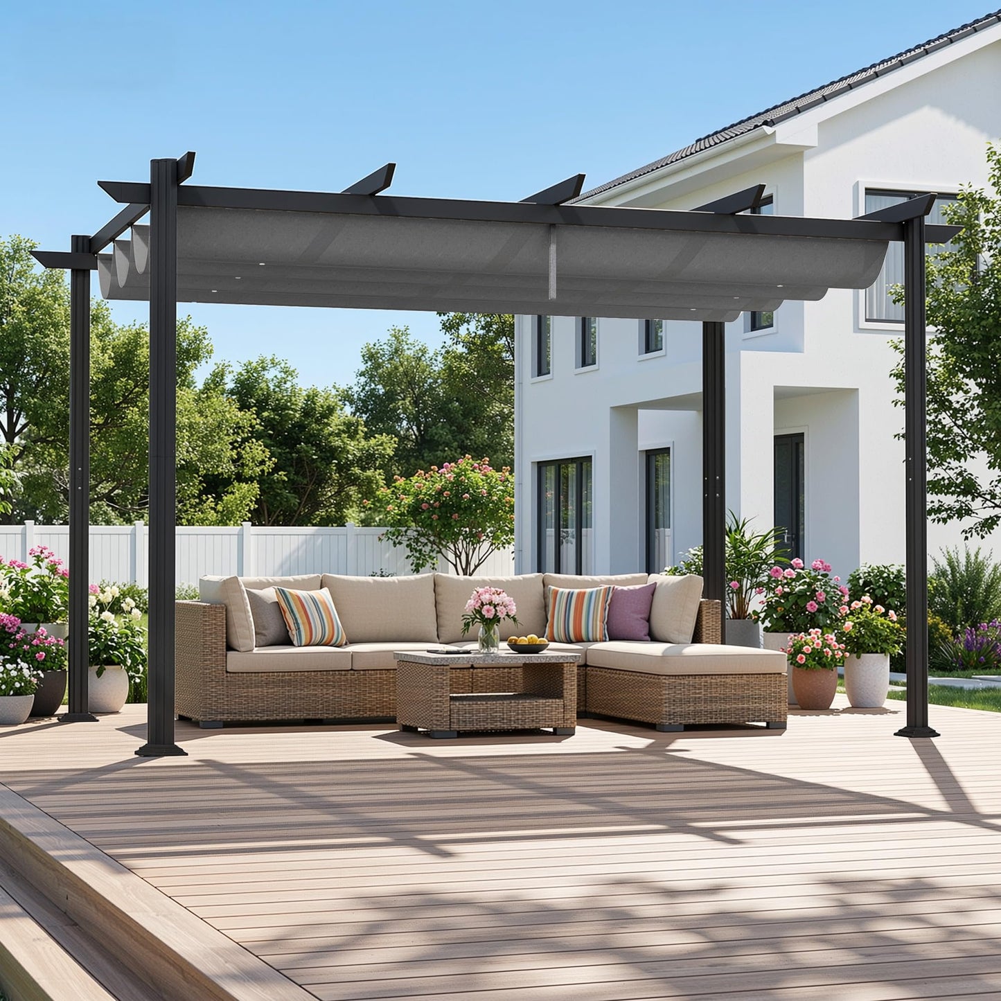 Ahomly 12' X 8' Outdoor Retractable Pergola with Sun Shade Canopy, Patio Metal Shelter for Garden/Porch/Beach, Heavy Duty Adjustable Pavilion Grill Gazebo, Modern Yard Grape Trellis Pergola, Gray
