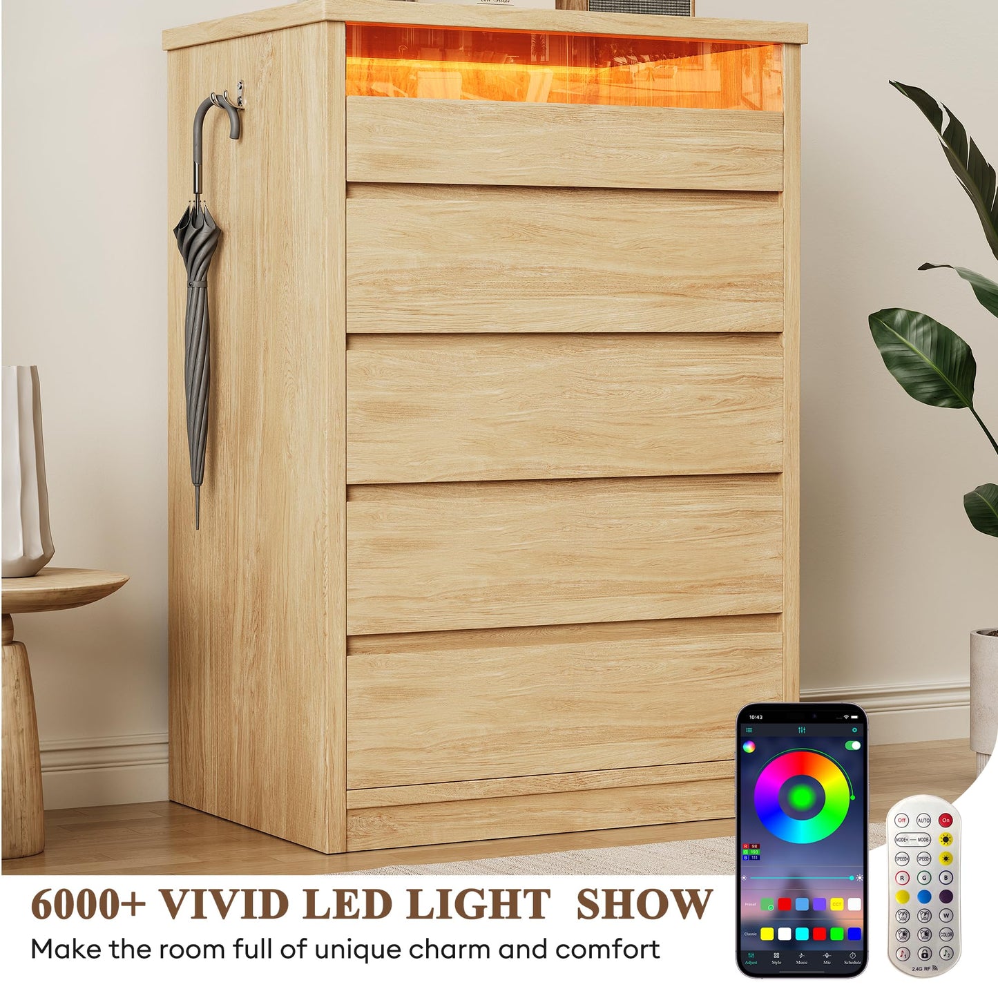 Jocoevol 5 Drawer Dresser for Bedroom with LED Light, Modern Chest of Drawers with Hidden Handles, Tall Wooden Dresser Closet for Living Room, Entryway, Hallway - Oak