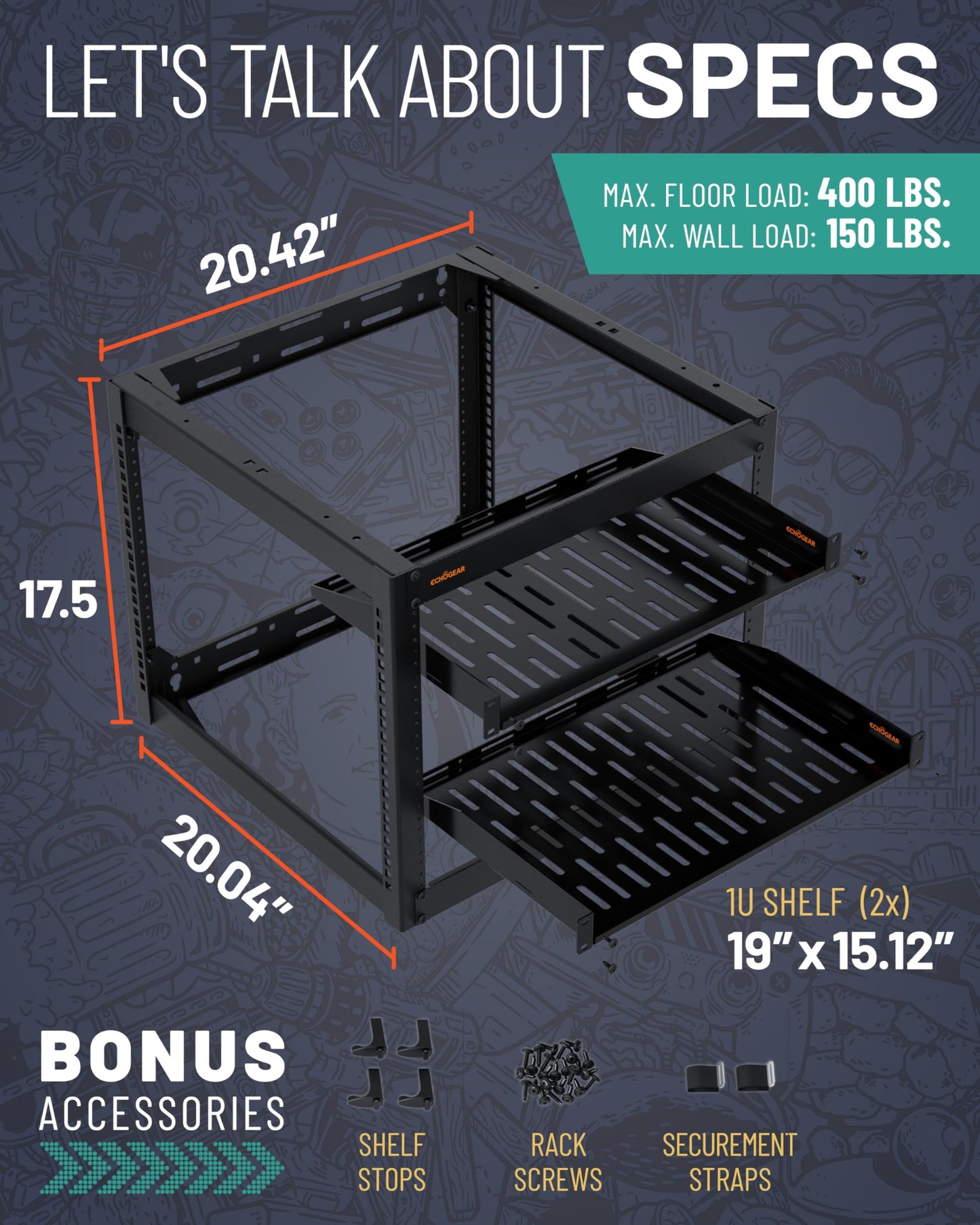 ECHOGEAR 10U Network Rack - Wall Mountable Heavy Duty 4 Post Design Holds All Your Networking & AV Gear - Open Frame Design Includes 2 1U Vented Shelves & Mounting Hardware