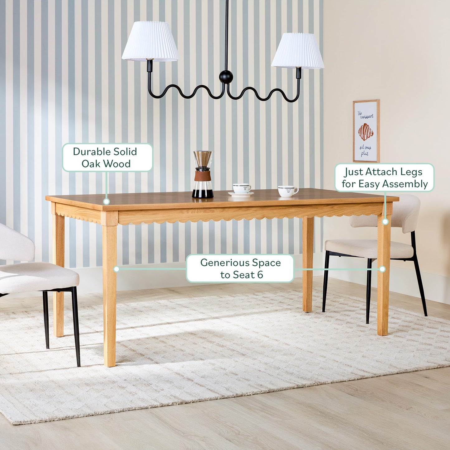 Walker Edison Paisley Modern Solid Oak Wood Veneer Scalloped 69 Inch Dining Table for 6, White Oak
