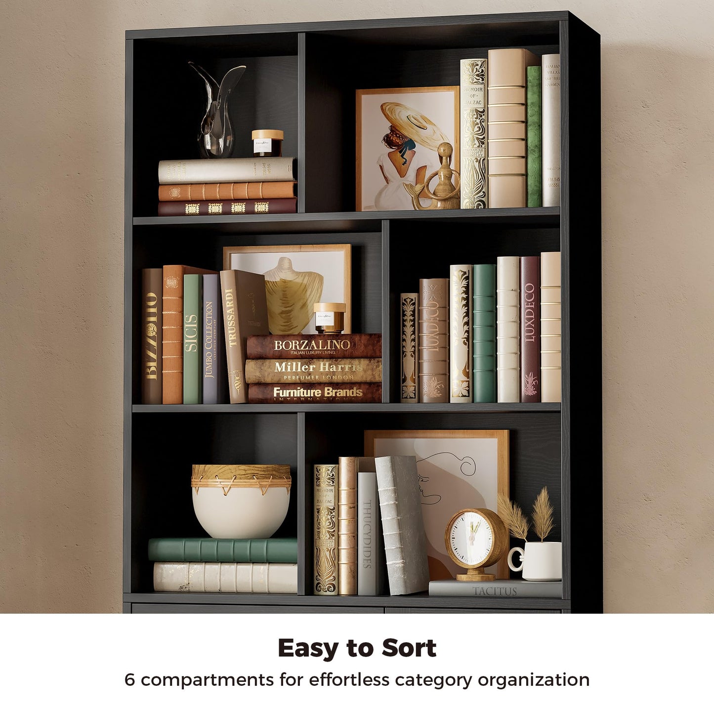 IRONCK Bookshelf, 70.9 Inch Tall Bookcase, Black Book Shelf with Doors and 3 Drawers, 3-Tier Bookshelves with 6 Open Cubes for Home Office, Living Room, Study