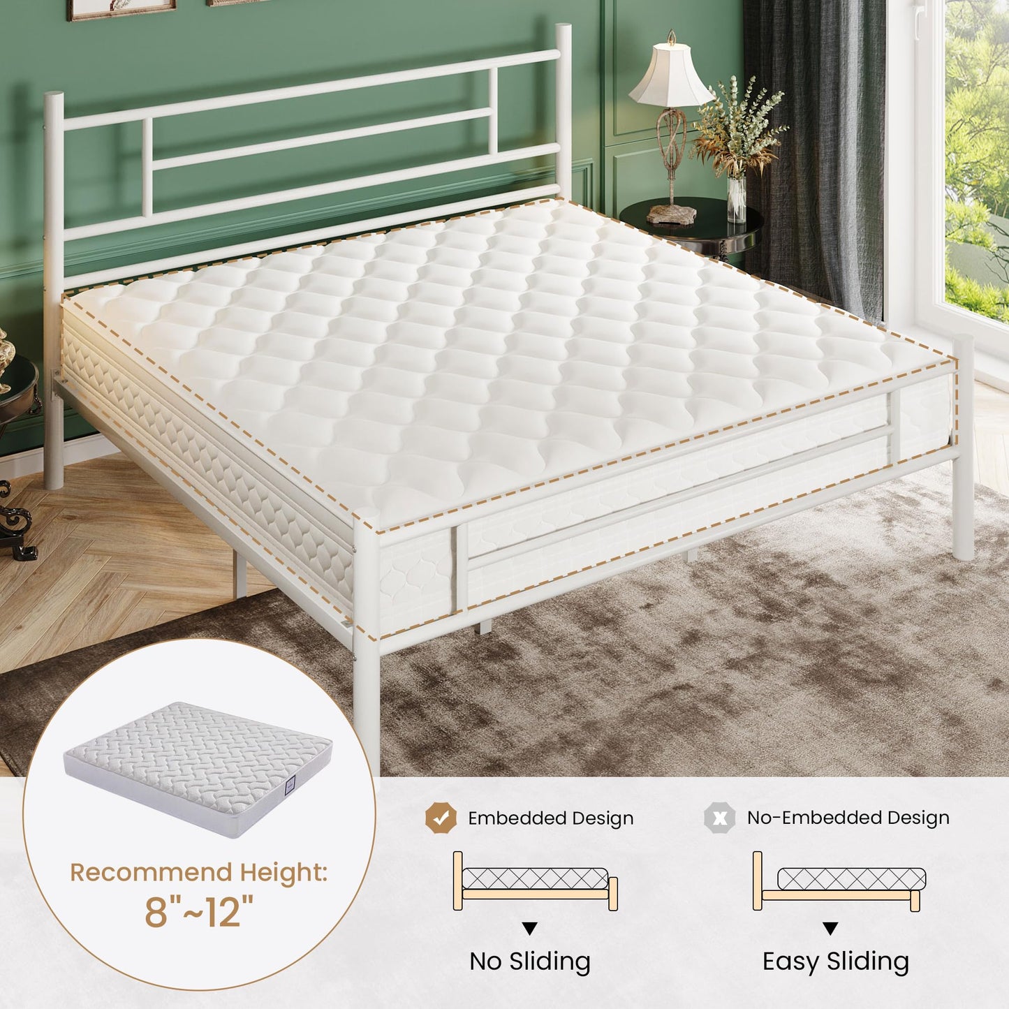 SHA CERLIN King Size Metal Platform Bed Frame with Modern Headboard and Footboard, Under Bed Storage Space, Noise Free, No Box Spring Needed,White,14 Inch